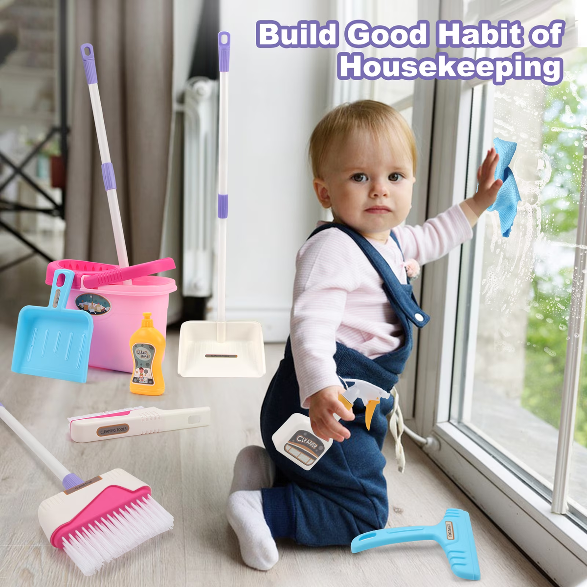Cleaning Set for Kids, Mop Broom & Dustpan Set, Cleaning Tool Toys for 2-4 Year Old, Kitchen Cleaning Toy for Toddlers Birthday Christmas Gifts