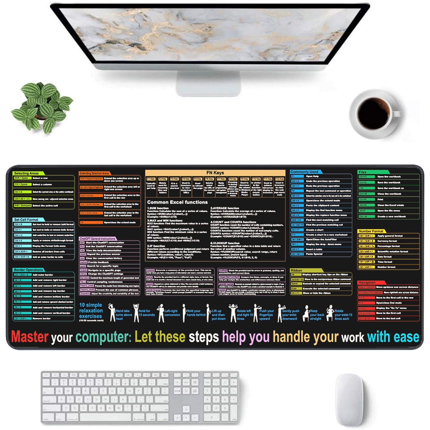 Excel Cheat Sheet Desk Mat, Large XL Waterproof Keyboard and Mouse Pad with Excel Shortcuts, Gaming Accessories for Computer Desk, 31.5×11.8 Inches