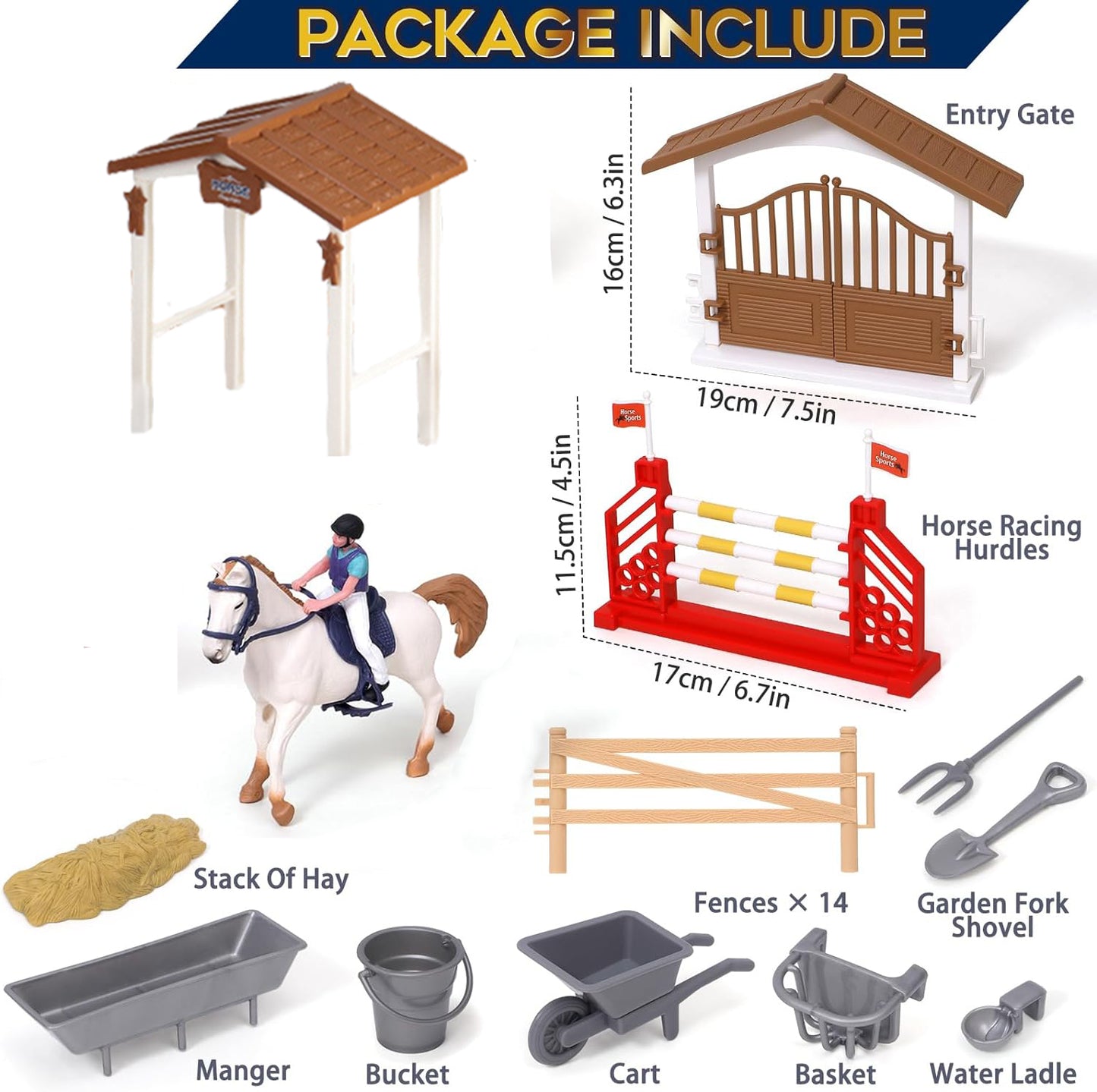Style-Carry Horse Stable Figurine Playset Horse Toys with Rider Hurdle Figures Fence Kids Pretend Play Horse Racing Toys Set for 3 4 5 6 Year Old Boy Girl