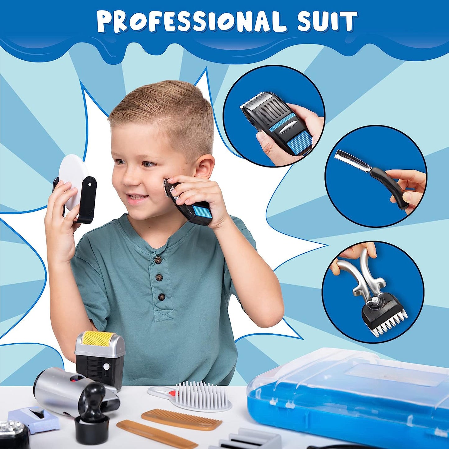 Style-Carry Pretend Play Shaving and Grooming Kit for Kid, Toys for 3-6 Years Boys, Makeup Barber Set with Storage Box, Christmas Birthday Gift for Boys 3 4 5 6 7 Year Old
