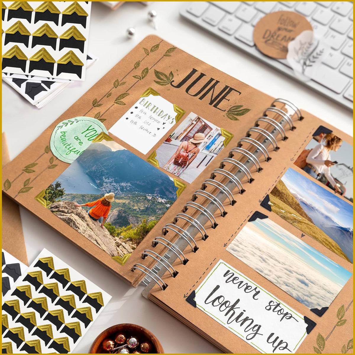 720 Pcs Self-Adhesive Photo Mounting Corners, Black and Gold Picture Corner Stickers for DIY Craft Scrapbook Album Decor Supplies