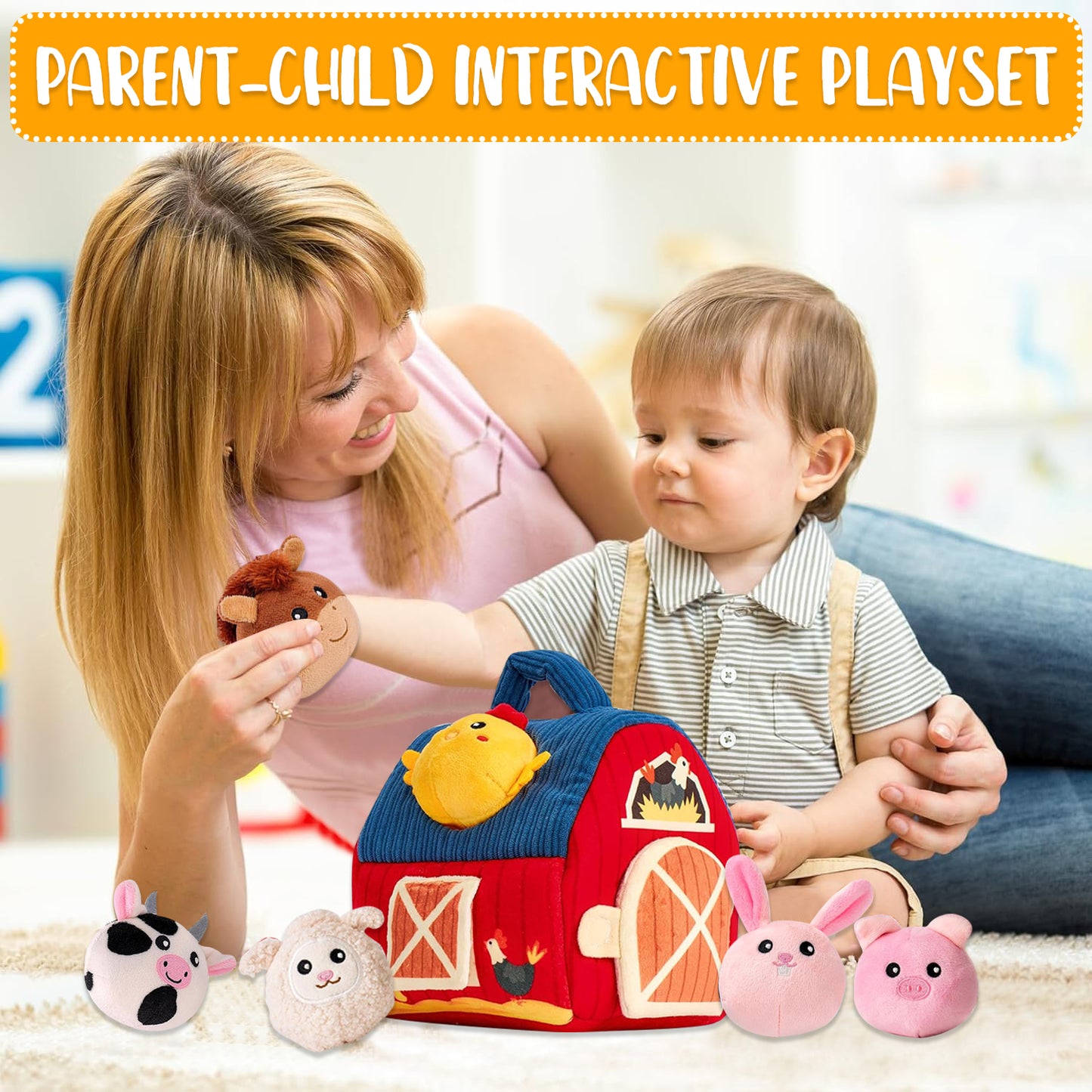 Baby Toys 6-12 Months, Stuffed Farm Animals with Barn, Rattle, Mirror - Montessori Toys for 1 Year Old Baby Boy Girl Gifts