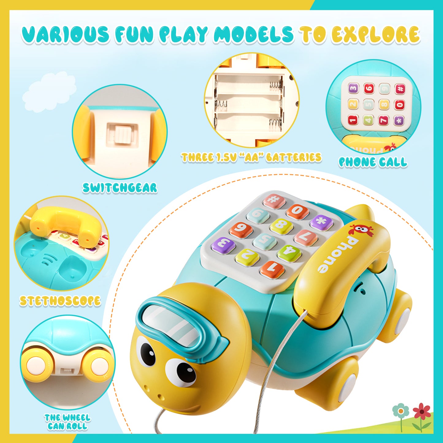 Baby Infant Light up Music Turtle Toys, Baby Toys 6-12 Months with Phone, Baby Crawling Toys for 12-24 Months, Learning Toys for 1 2 3 Year Old Boys Girls Gift
