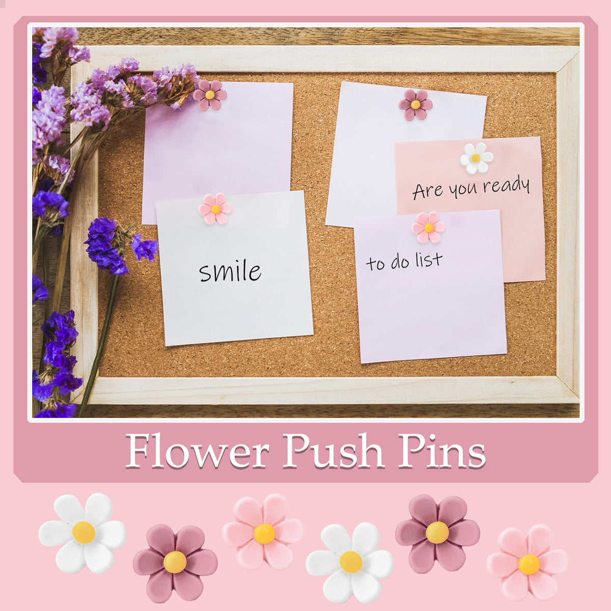50 Pcs Boxed Pink White Flower Push Pins, Decorative Cute Wall Thumb Tacks for Cork Board, Bulletin Board, Hanging Photo Poster, Office Supplies