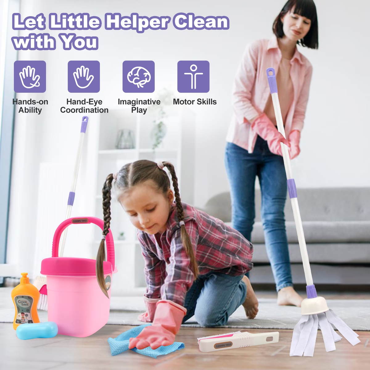 Cleaning Set for Kids, Mop Broom & Dustpan Set, Cleaning Tool Toys for 2-4 Year Old, Kitchen Cleaning Toy for Toddlers Birthday Christmas Gifts