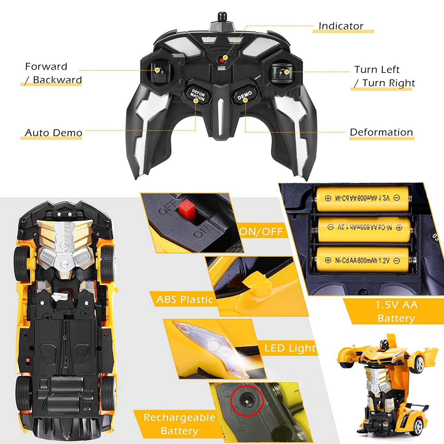 Remote Control Cars, Transform Robot RC Cars, One-Button Deformation and 360 Degree Rotating Drifting, Boys Toys Ages 4 5 6 7 8 9 Year Old