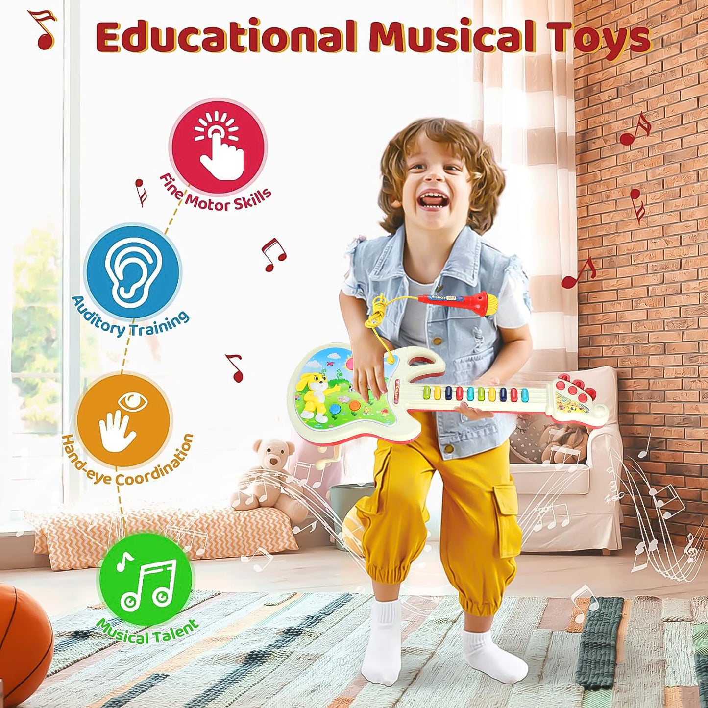 Style-Carry Toddler Guitar and Microphone Toys, Pretend Play Musical Instruments Educational Toys for Age 2 3 4 5 6 Girls Boys, Light and Sound Gifts