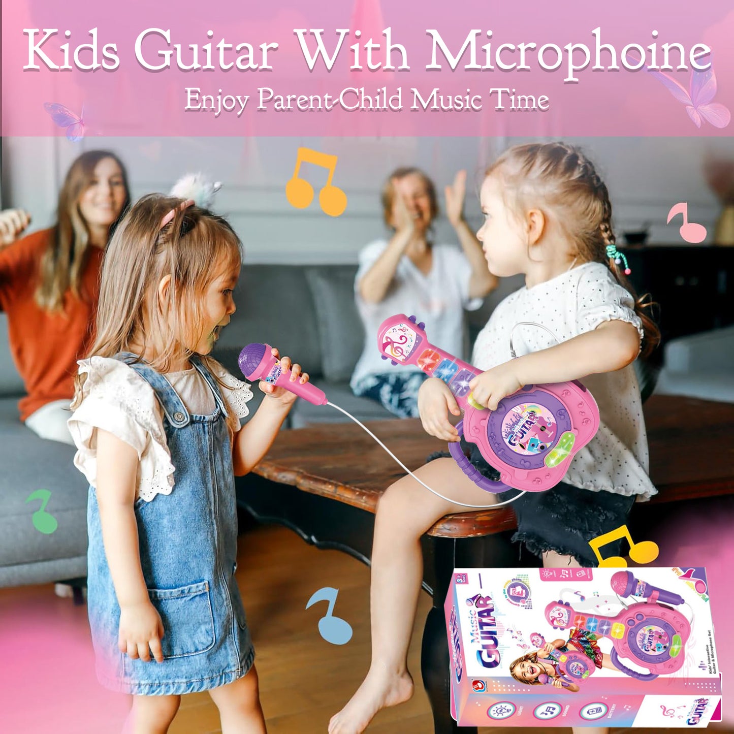 Toys for 1 2 3 Year Old Boys Girls, Musical Guitar Toys with Microphone, Toddler Toys 1-3 for Girls Boys, Birthday Gifts Early Learning Toys for 2 3 4 5 Year Old Girls