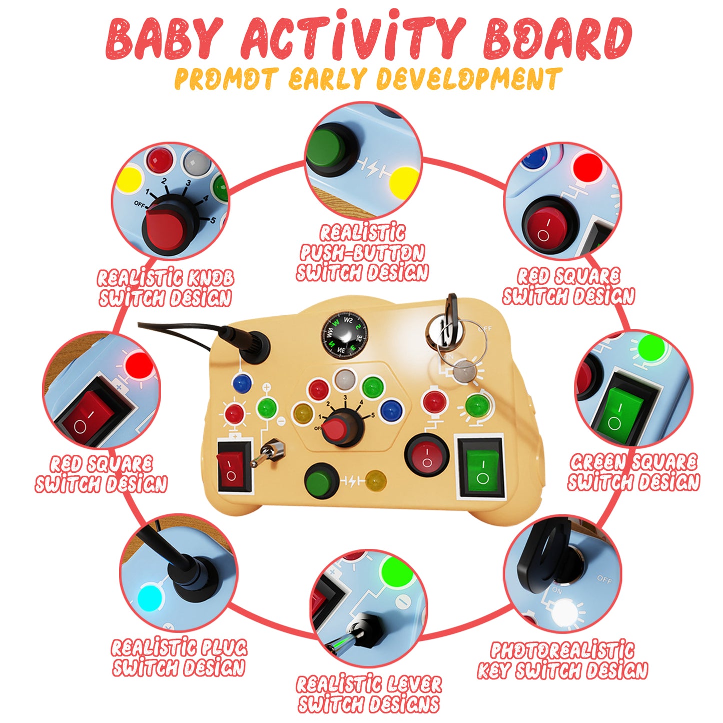 Busy Board with LED Light, Montessori Learning Toys with Toggle Switch, Sensory Toys for Toddlers Boys Ages 1 2 3 Years Old, Travel Toys for Toddler Activities for 1 2 3 4 Years Old Boys Girls