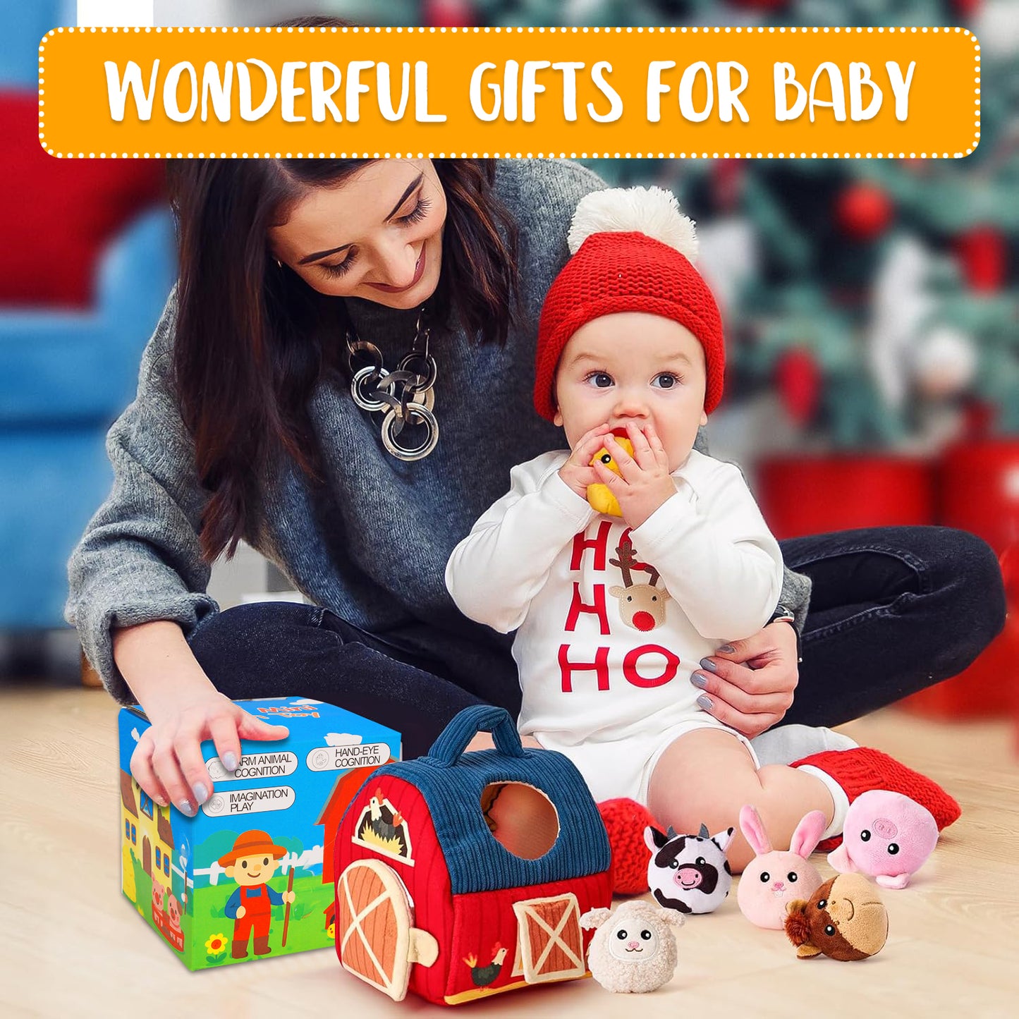 Baby Toys 6-12 Months, Stuffed Farm Animals with Barn, Rattle, Mirror - Montessori Toys for 1 Year Old Baby Boy Girl Gifts