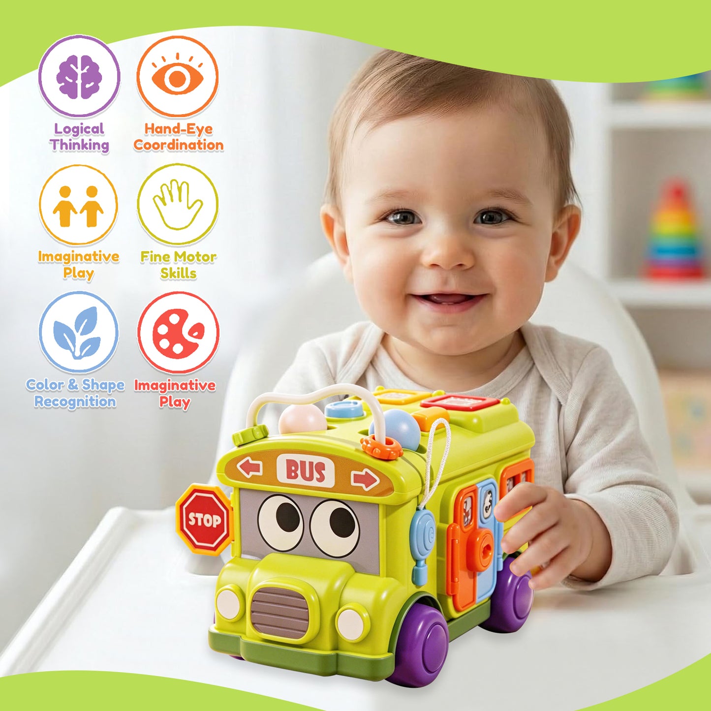 Baby Bus Toy for 1 Year Old, Montessori Toy for 6-12 Months Boys Girls, Learning Educational Toys for Toddlers 1-3