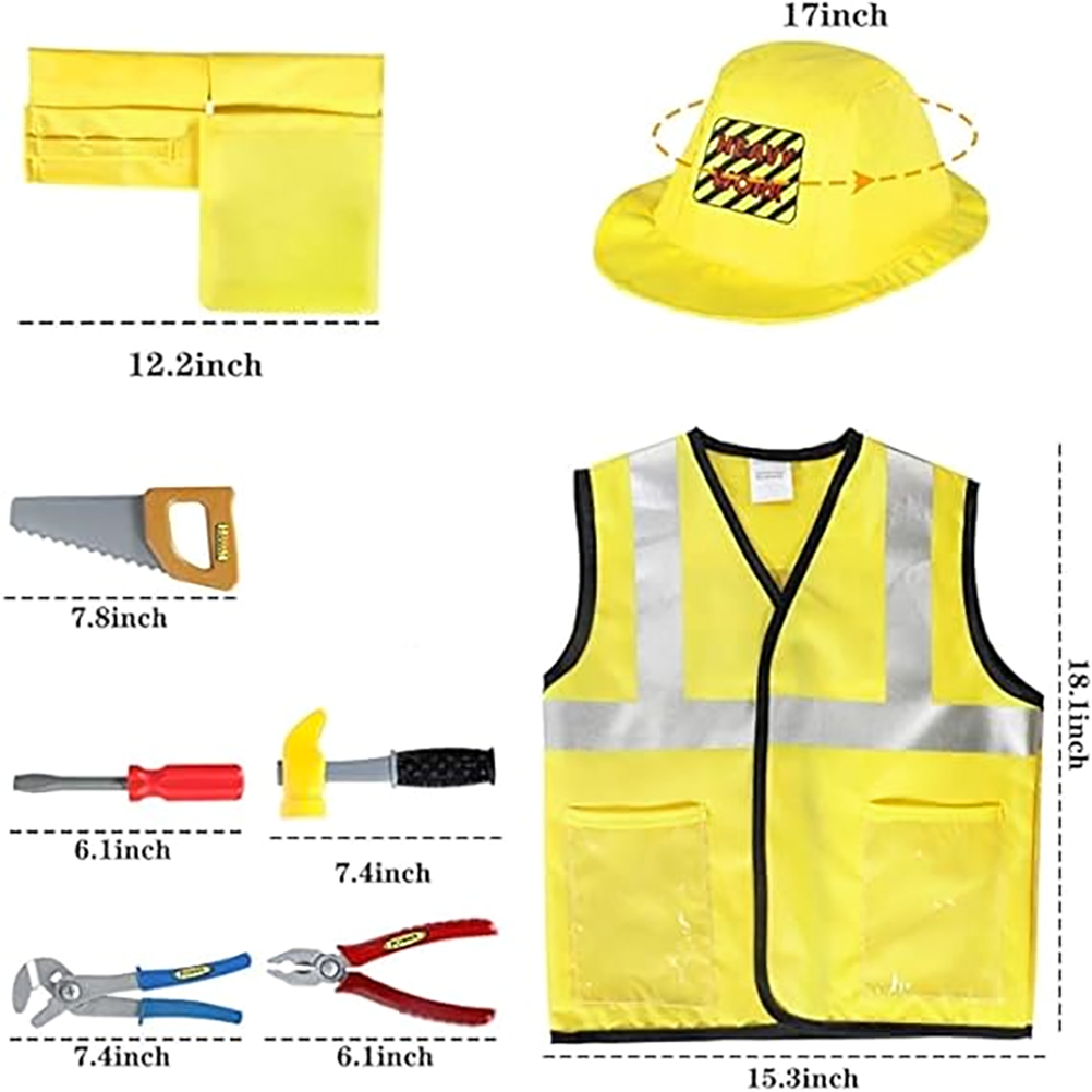 Construction Worker Costumes for Boys, Kids Builder Dress Up with Tool Set for Kids Pretend Role Play, Halloween Birthday Gift 3 4 5 6 Years Old