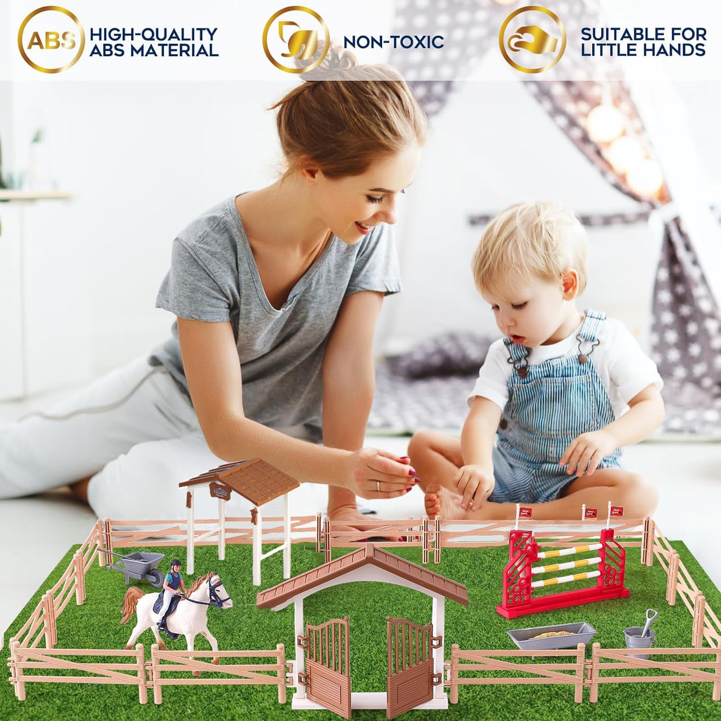 Style-Carry Horse Stable Figurine Playset Horse Toys with Rider Hurdle Figures Fence Kids Pretend Play Horse Racing Toys Set for 3 4 5 6 Year Old Boy Girl