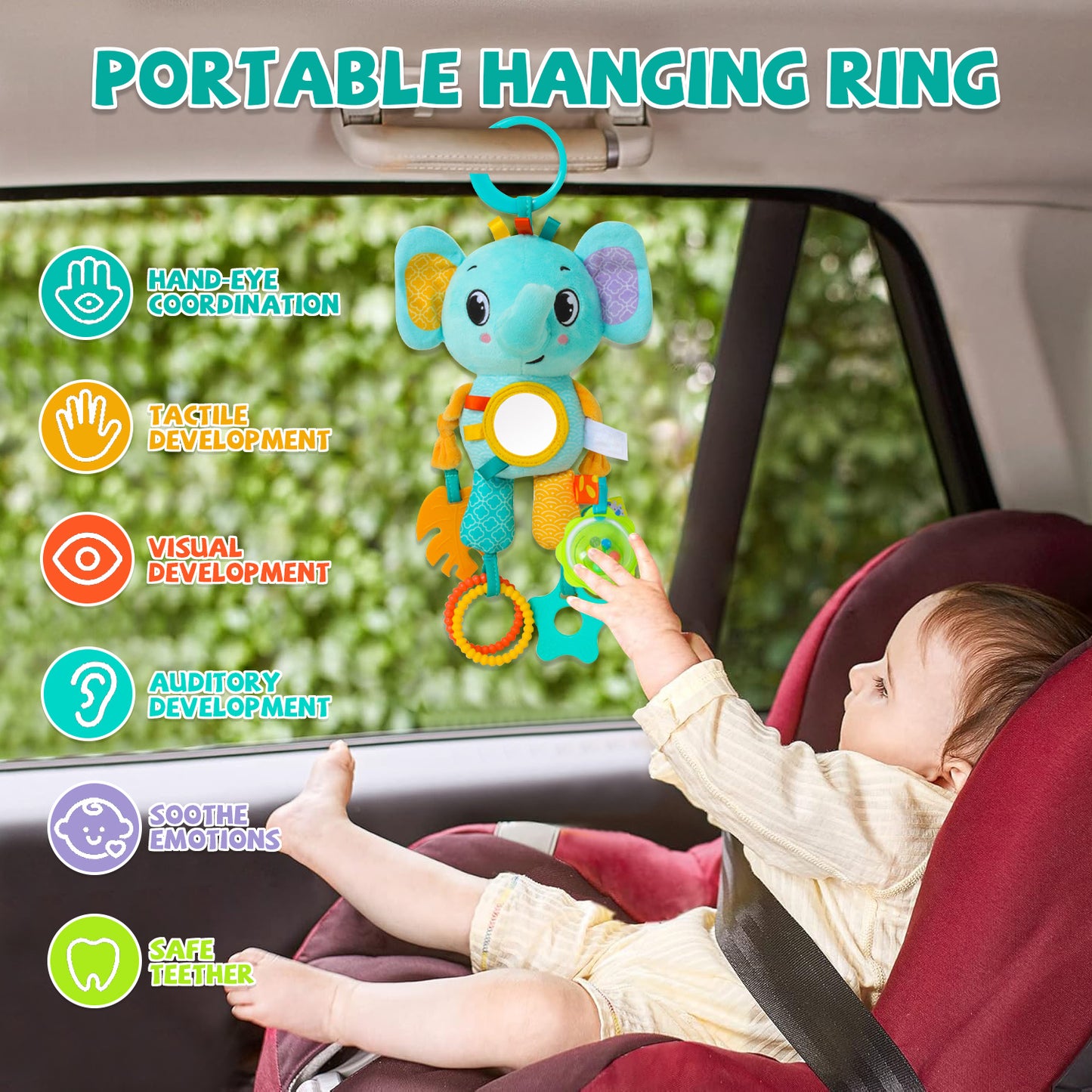 Sensory Toys for Baby 3-6-12 Months, Toy for Carseat with Baby Mirror Teether Rattles, Christmas Easter Gifts for 6-12 Months Baby Boys Girls