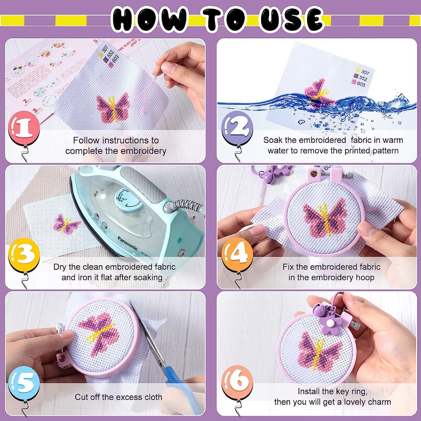 Style-Carry 6 Pcs Cross Stitch Kits for Kids 6-12, Embroidery Kit, Stamped Cross Stitch Needlepoint Starter Kits for Backpack Charms, Ornaments and Needle Craft