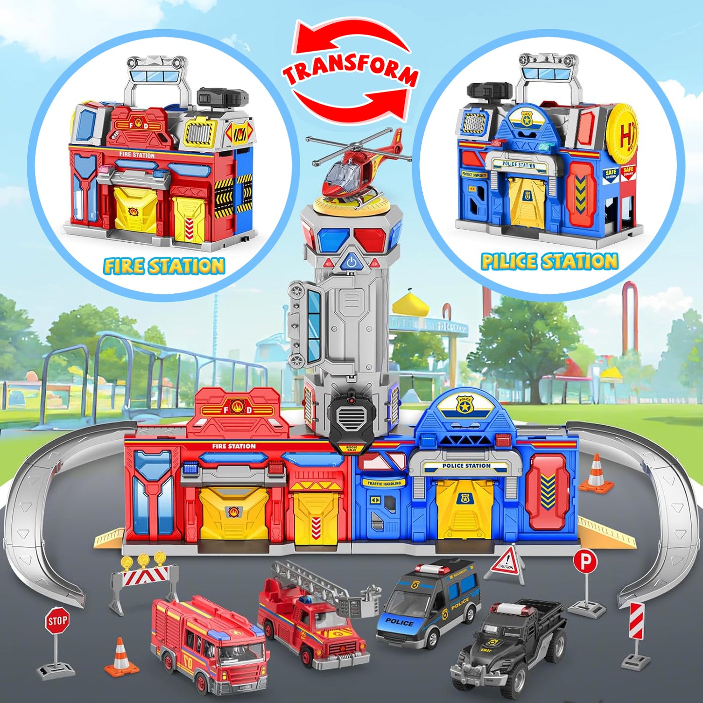 Toys for 3 4 5 6 Years Old Boys - Car Toddler Playset - Police & Fire Station Transform Track Toy - Birthday Gift for Boys 3-6 Years