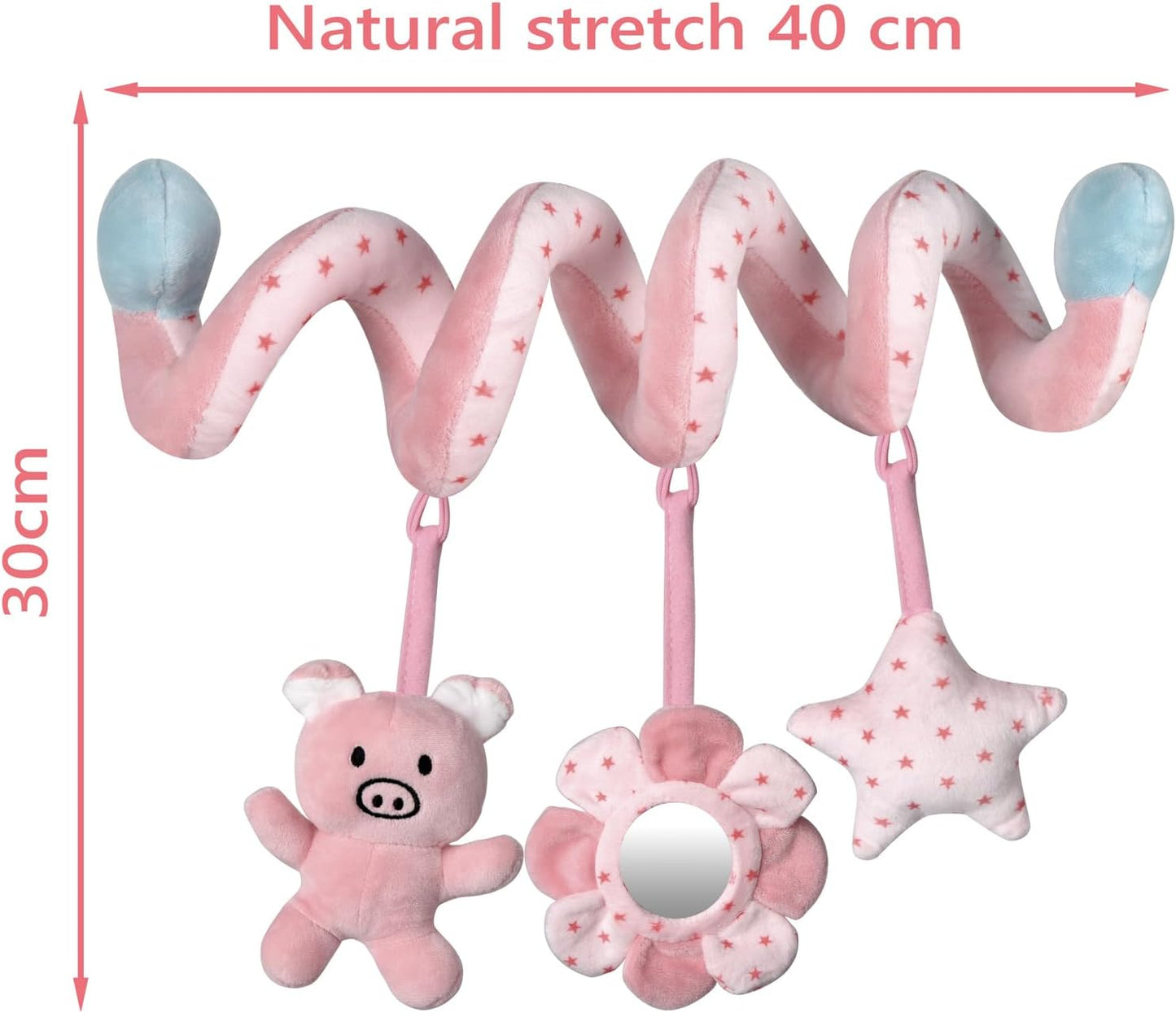 Car Seat Toys for Baby 0-6 Months, Pink Piggy Spiral Plush Toy for Crib Carseat with Mirror Rattles Baby Essentials
