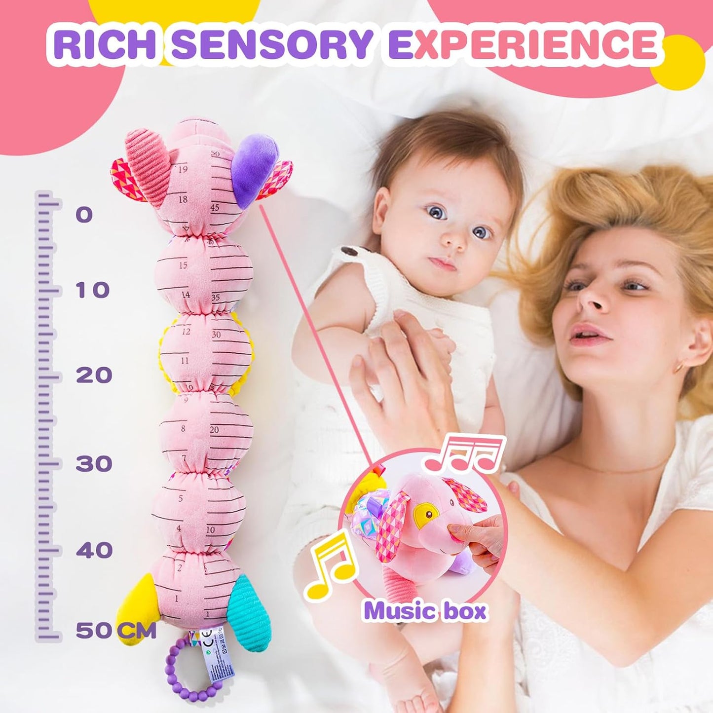 Baby Musical Stuffed Animal Toys 0-12 Months, Pink Puppy With Multi-Sensory Crinkle, Baby Newborn Toys for 0-2-4-6 Months Boys Girls, Plush Infant Sensory Toys Gift