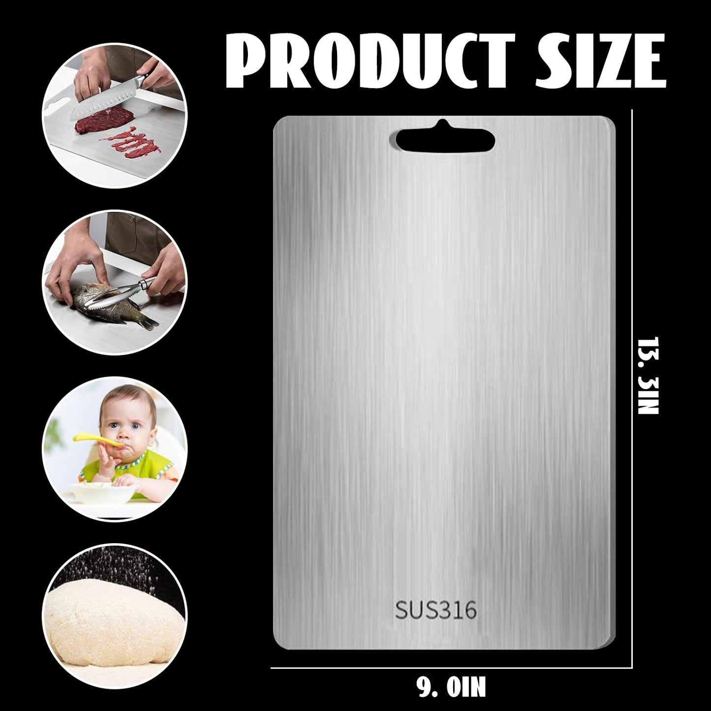 Titanium Cutting Board, Steel Cutting Boards For Kitchen, Double-Sided Stainless Steel Cutting Board 316 for Cutting Vegetables Meat (13 * 9 in)