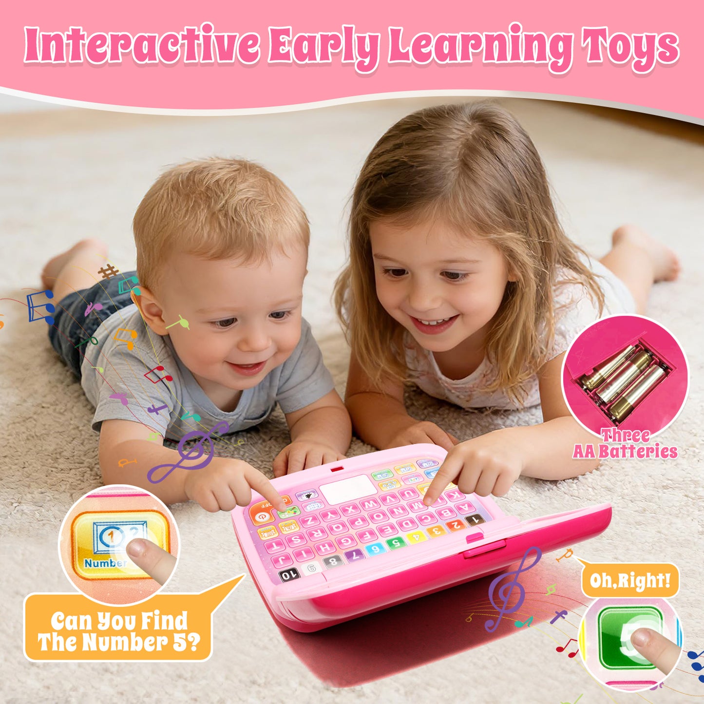 Learning Toys for Toddlers 1 2 3 Year Old Boys Girls, Interactive Educational Laptop Toys with Music and Lights, Toddler Toys for Girls 2 3 4 5 Years Old, Birthday Gifts Toddler Toys 1-3 for Girls