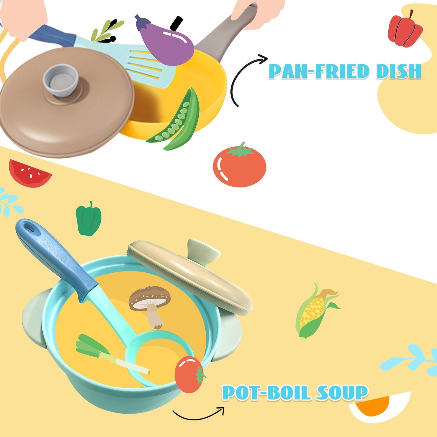 Kids Pretend Play Kitchen Accessories Toys Set, Cookware Pots and Pans Cooking Utensils Playset Toys for 2 3 4 5 6 Year Old Kids Girls Boys Toddlers