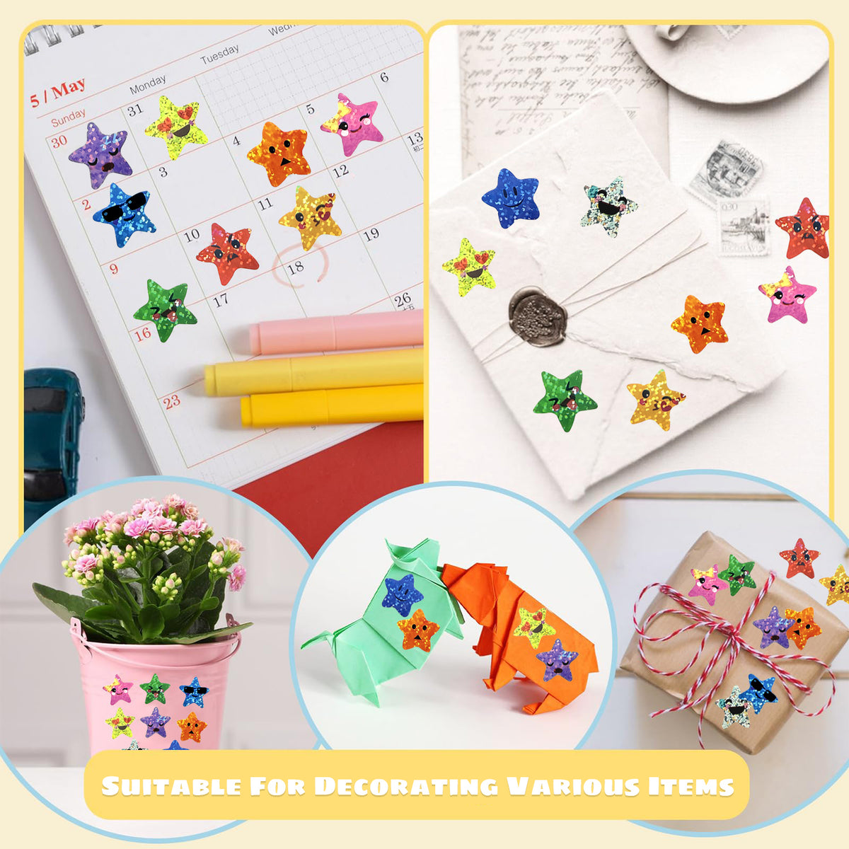 2 Rolls 1000 Pcs Star Expression Stickers for Reward, 1 inch 10 Colors Sparkly Foil Holographic Face Stickers, for Crafts Teacher Essential Supplies