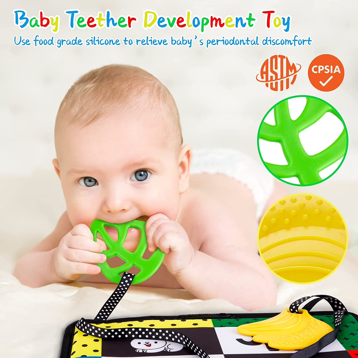 Baby Toys 6-12 Months, Tummy Time Mirror Books with Teether, Montessori Sensory Toy for Infant 3-6 Gift