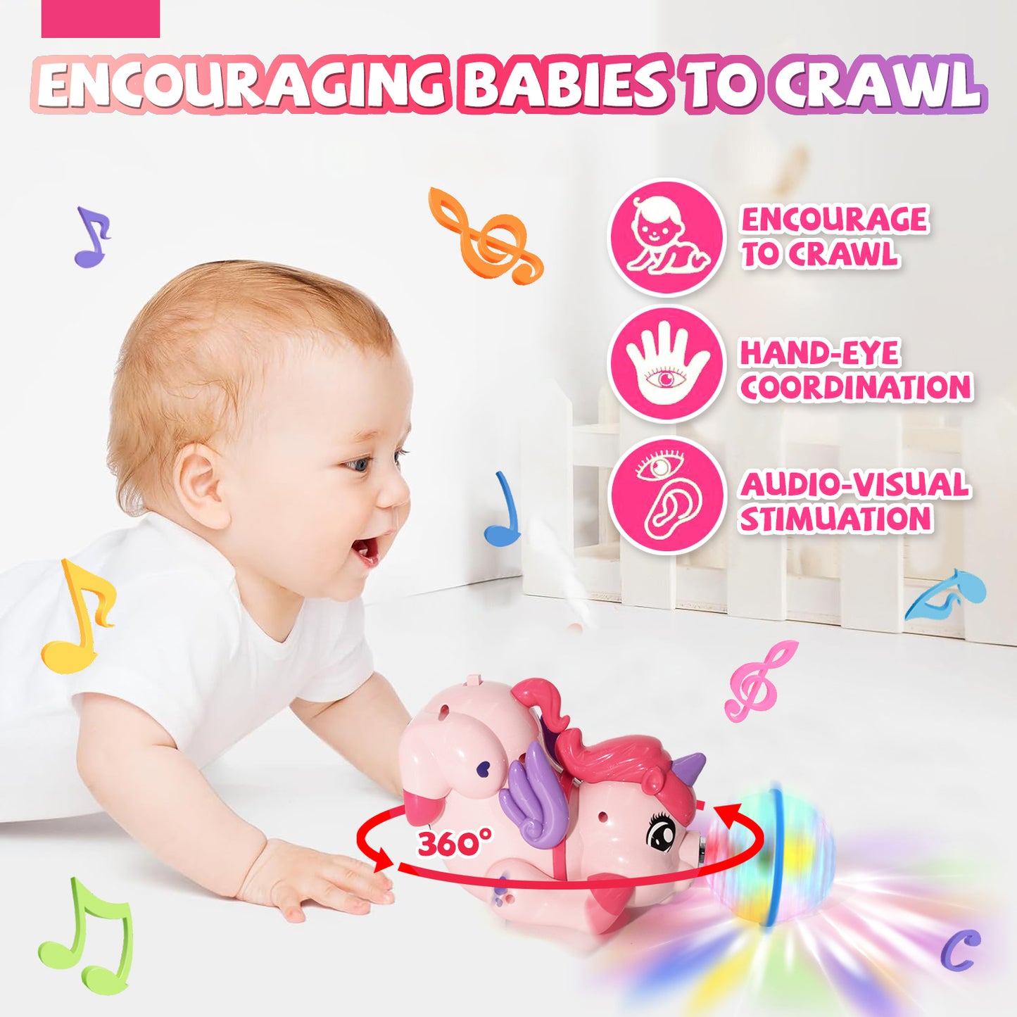 Baby Toys 6-12 Months, Light Up Music Baby Crawling Toys for 12-24 Months, Learning Toys for 1 Year Old Girls, Toy for Toddlers 1-3