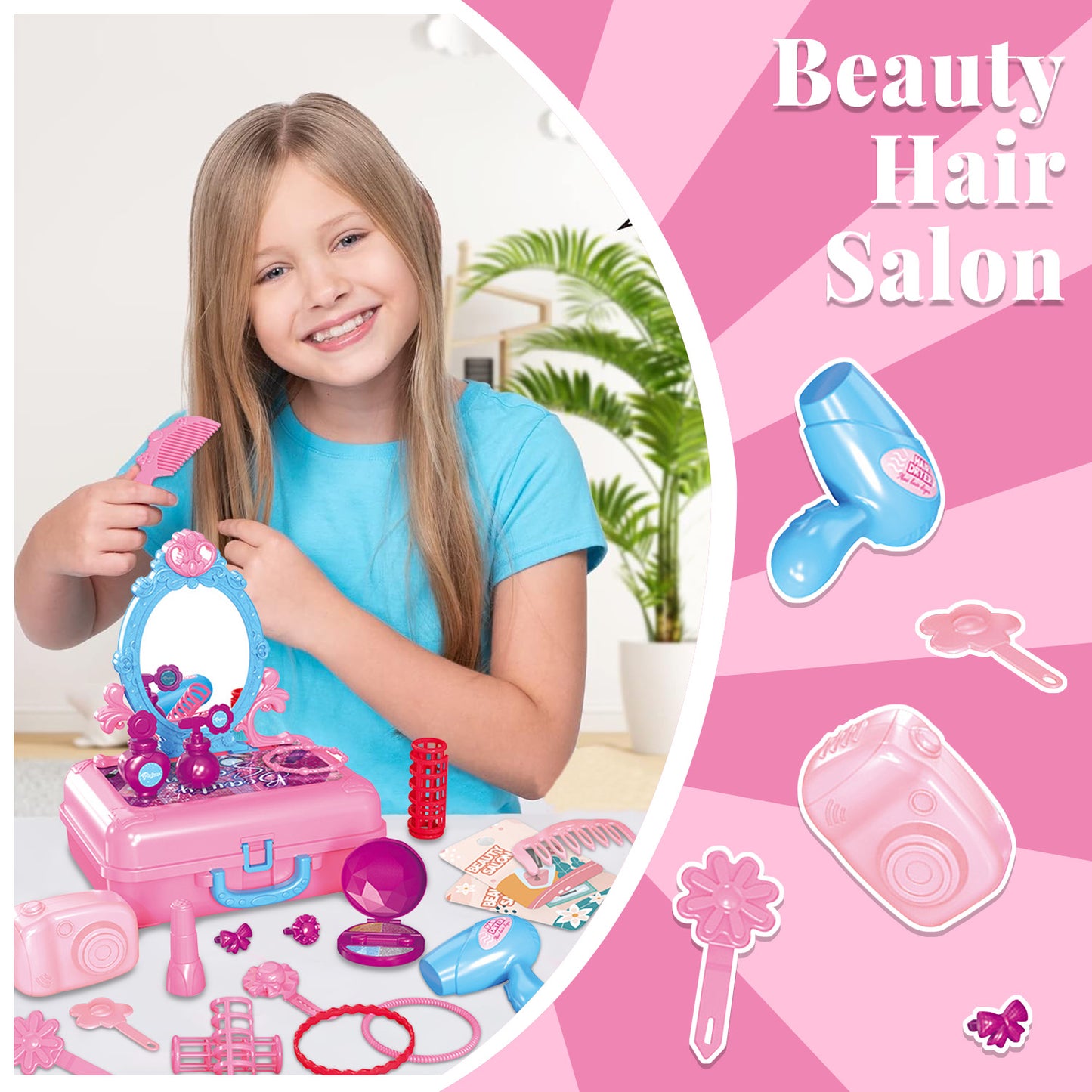 Pretend Play Toys for Toddler Girls Kids Makeup Vanity Set Toddler Toys Ages 2 3 4 5 6, Little Princess Portable Toddler Vanity Set Toys for Girls 3-6 Years