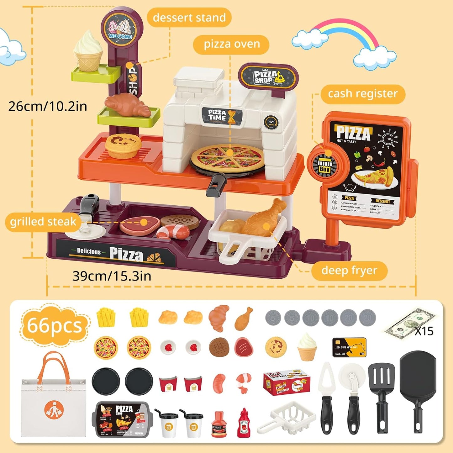 Style-Carry Pretend Play Pizza Store Toy for Kids, Pretend Play Food Accessories, Kitchen Cooking Playset, Gift for 3 4 5 6 7 Years Old Boys Girls