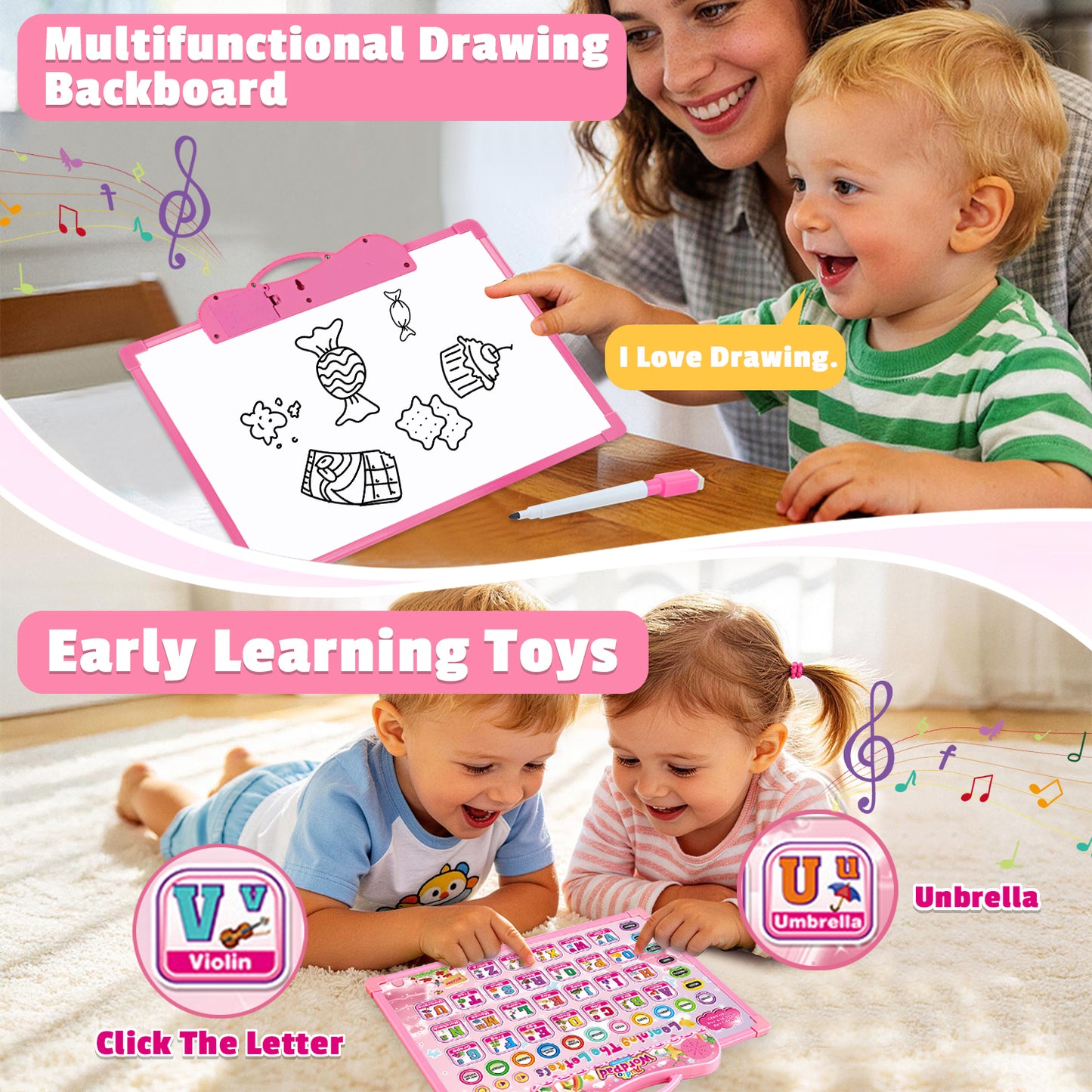 Kids Tablet Toy for 1 2 3 Years Old Boys Girls, Educational Learning Toys for Toddlers 1-3 Girls, Interactive Toy Tablet with Music & Sound, Birthday Gifts Toddler Toys for 2 3 4 5+ Years Old Boy Girl