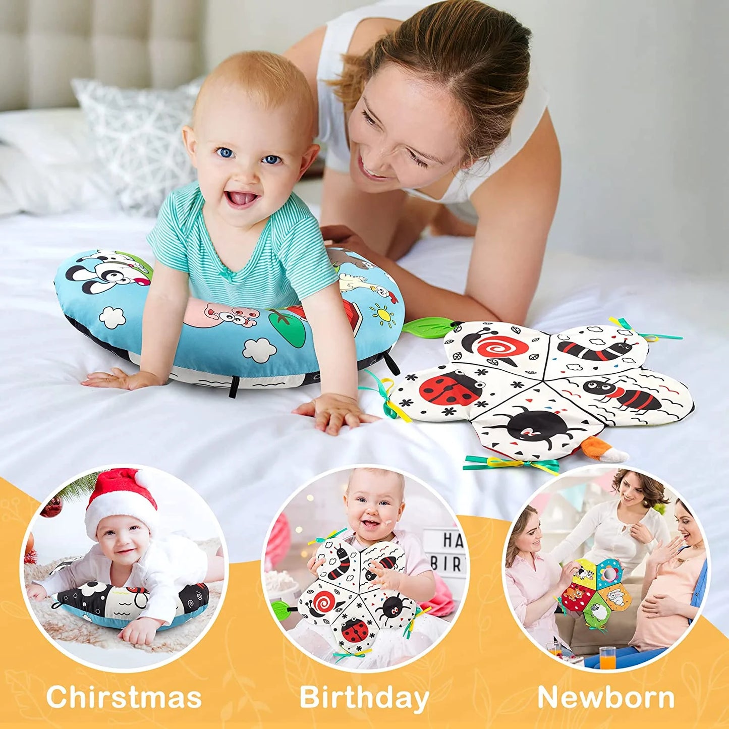 Style-Carry Baby Toys 0-6 Months, Tummy Play Time Pillow with Crinkle Mat & Teethers, Black and White High Contrast Baby Toys with Mirror, Montessori Sensory Crawling Toy for Infant Newborn Toddler