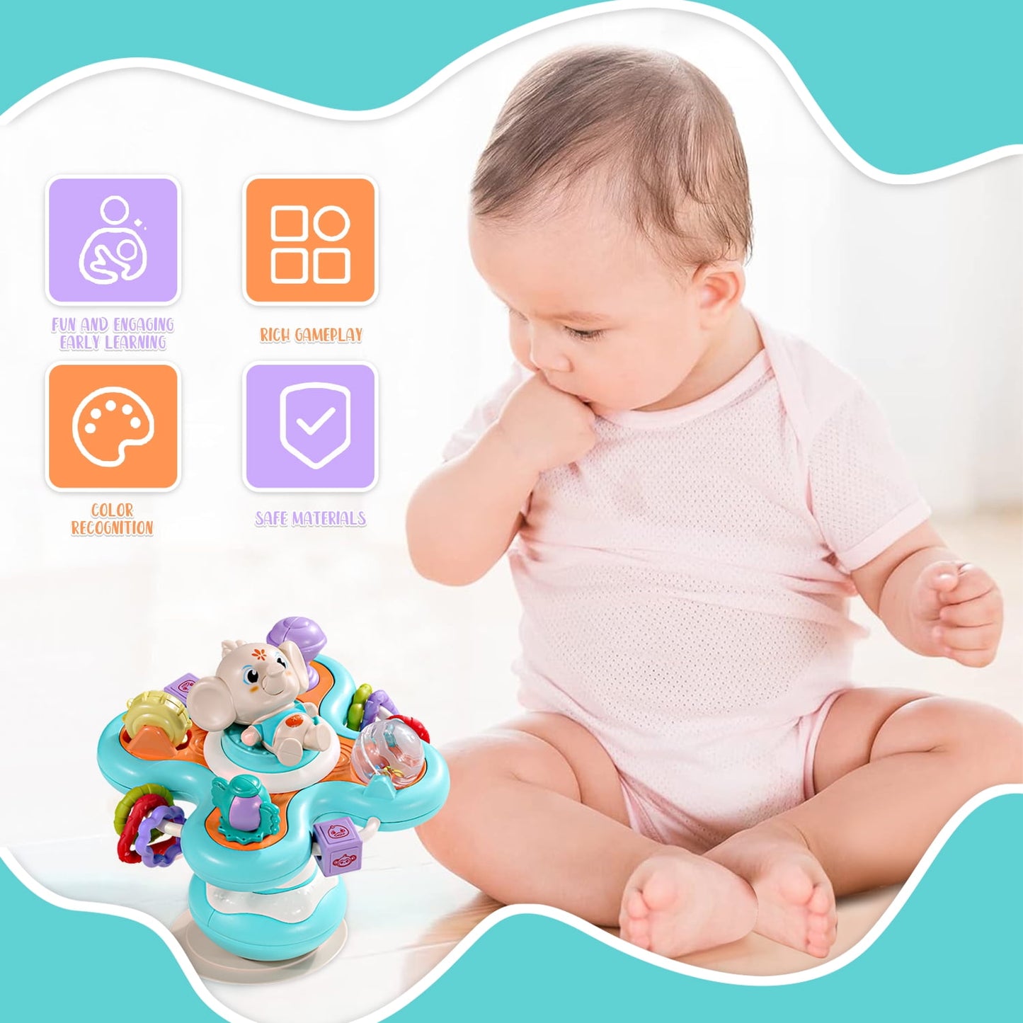 Sytle-Carry Baby Toys 6-12 Months, Suction Toys for High Chair, Sensory Toys for 0-6 Months, Infant Montessori Toys for 1 Year Old, Elephant