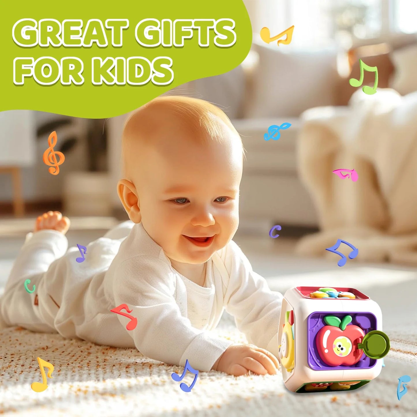 Montessori Toys for 1 Year Old, Toddler Learning Toys 1 3 for Boys Girls, 7-in-1 Baby Activity Cube with Music, Baby Toys 6+ Months
