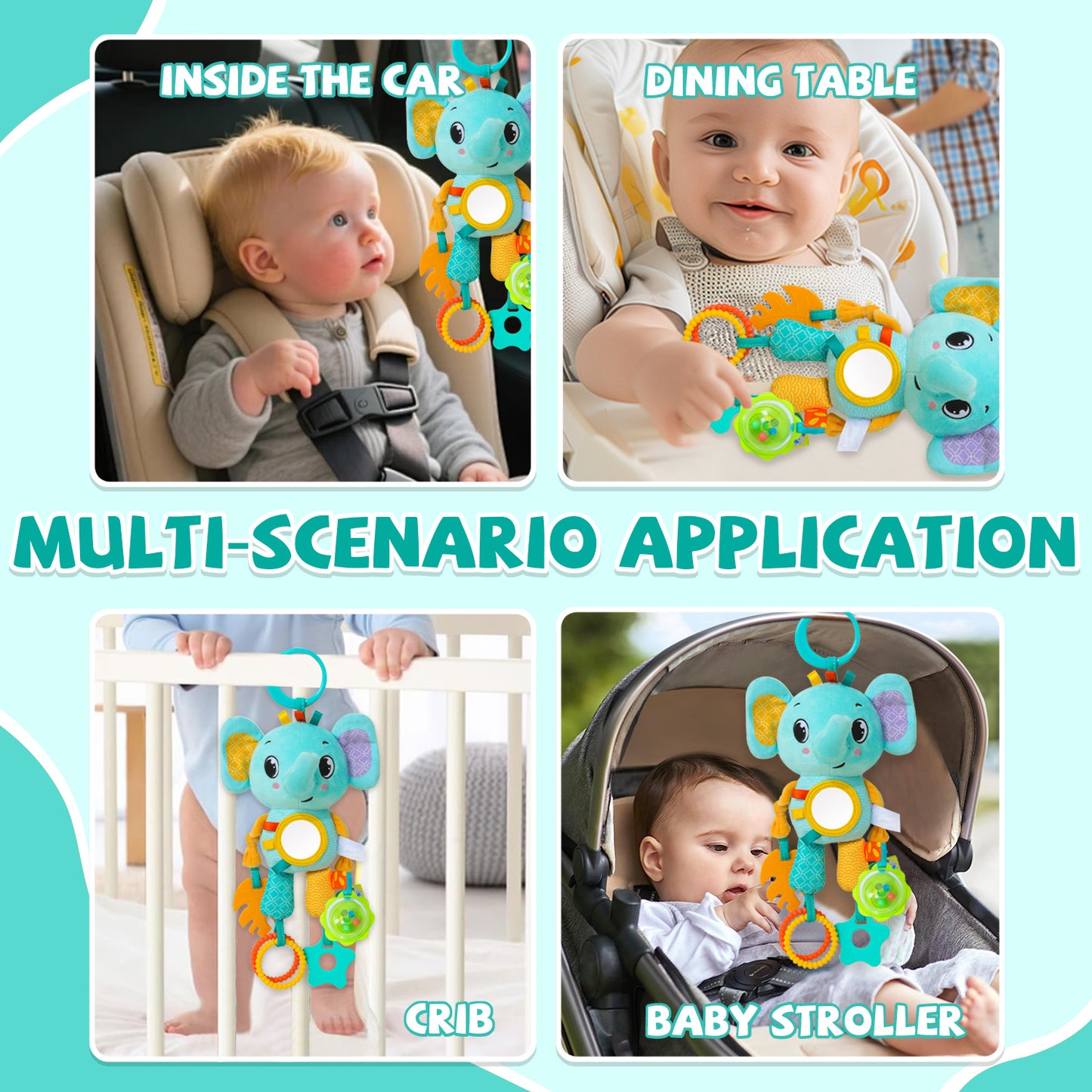 Sensory Toys for Baby 3-6-12 Months, Toy for Carseat with Baby Mirror Teether Rattles, Christmas Easter Gifts for 6-12 Months Baby Boys Girls