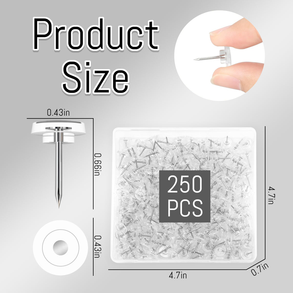 Style-Carry 250 PCS Clear Plastic Flat Top Push Pins, Transparent Round Head Steel Thumb Tacks for Cork Board Photo Wall Hanging Office Home Decor and Office Organization
