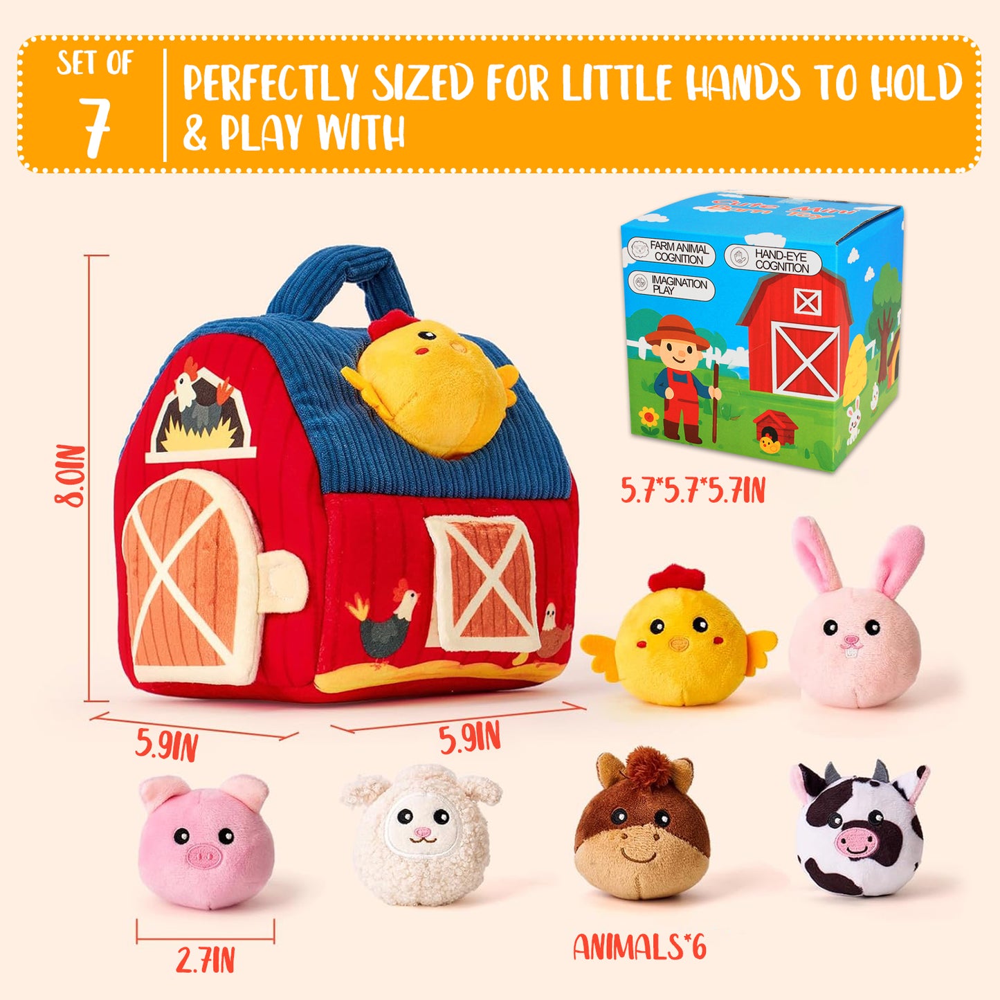 Baby Toys 6-12 Months, Stuffed Farm Animals with Barn, Rattle, Mirror - Montessori Toys for 1 Year Old Baby Boy Girl Gifts