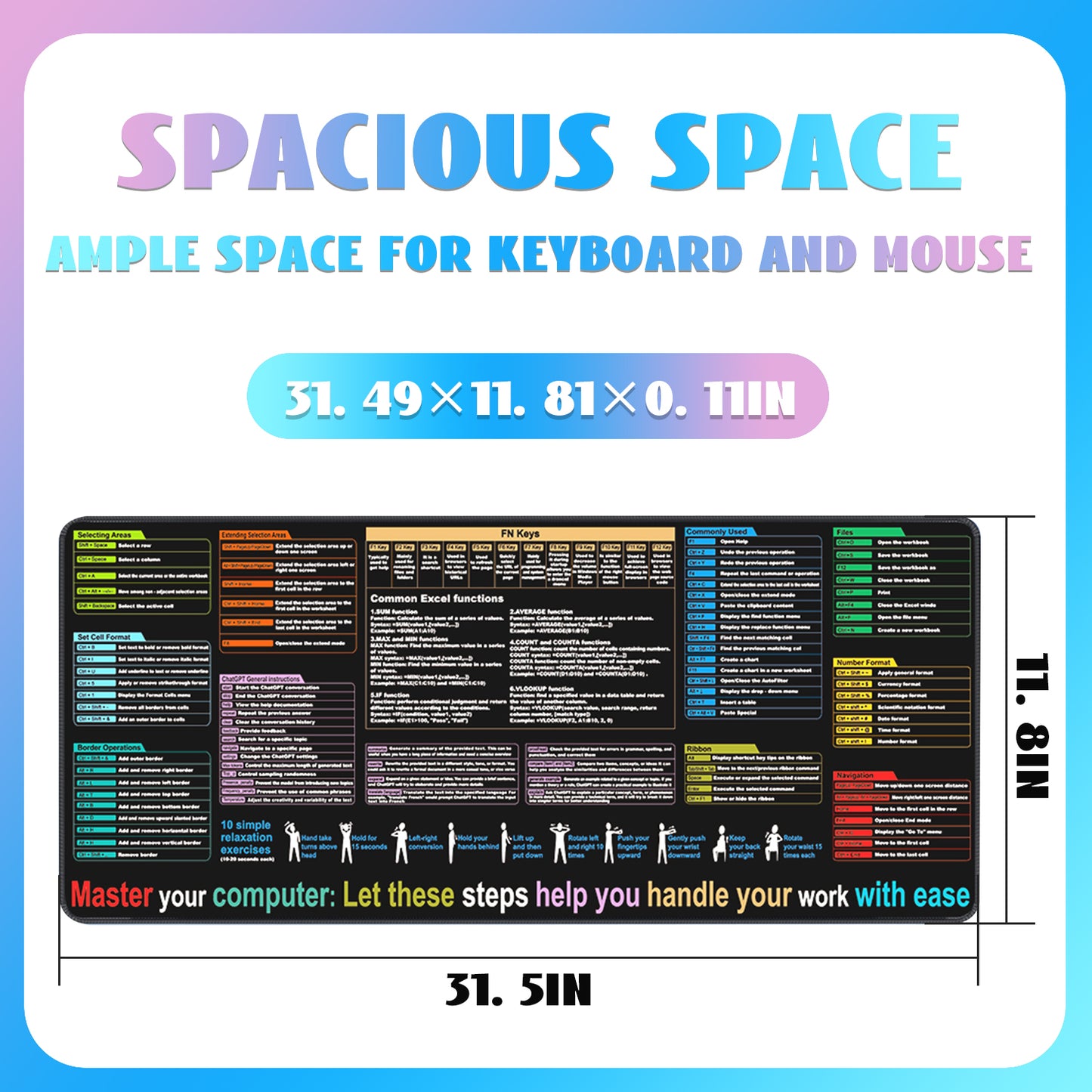 Excel Cheat Sheet Desk Mat, Large XL Waterproof Keyboard and Mouse Pad with Excel Shortcuts, Gaming Accessories for Computer Desk, 31.5×11.8 Inches