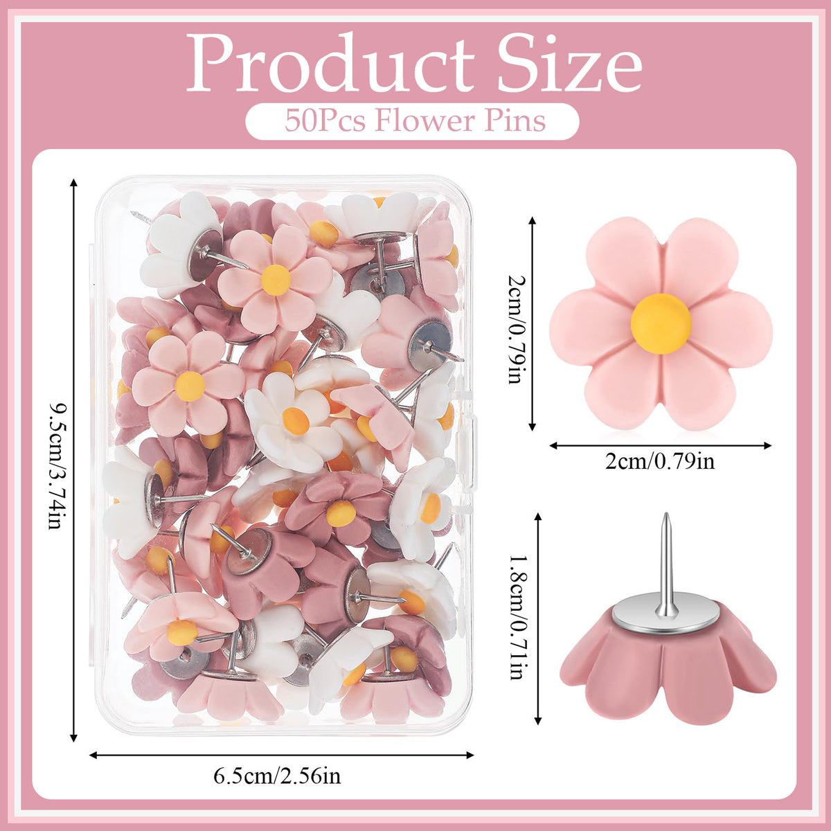 50 Pcs Boxed Pink White Flower Push Pins, Decorative Cute Wall Thumb Tacks for Cork Board, Bulletin Board, Hanging Photo Poster, Office Supplies