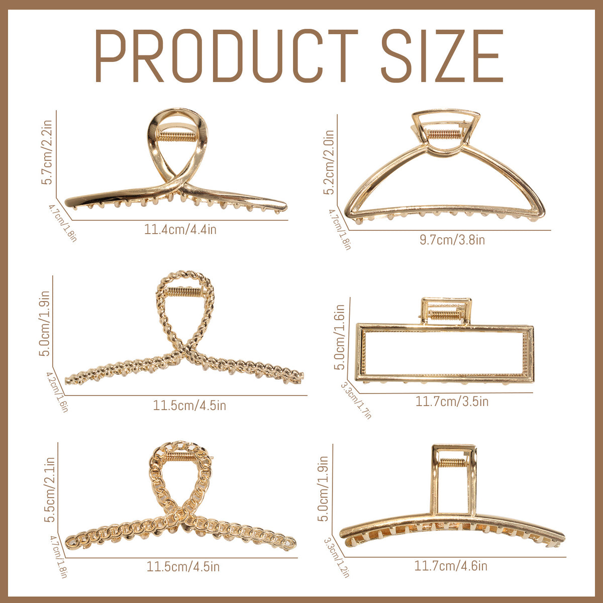 Style-Carry 6 Pcs Large Metal Hair Claw Clips for Thick Hair, Non-Slip Gold Color Jaw Clamps, Fashion Styling Hair Accessories for Women Girls