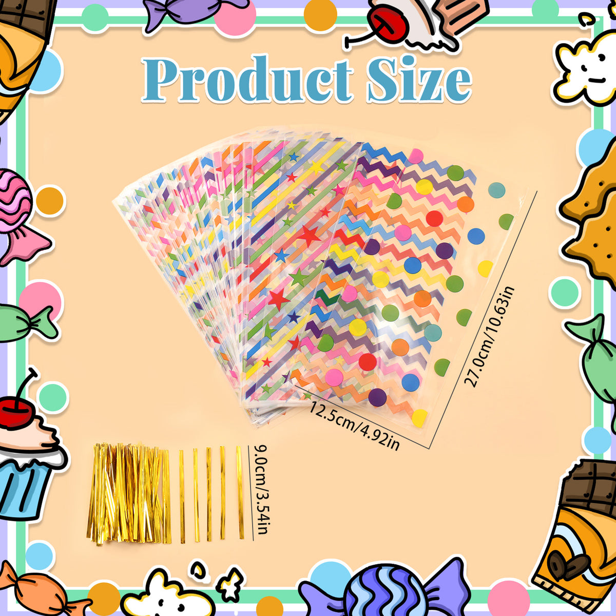 100 Pcs Transparent Rainbow Colors Cellophane Treat Bags with Gold Twist Ties, 10.6" x 4.9" Plastic Candy Cookie Snack Goodie Gift Bags for Party Favors