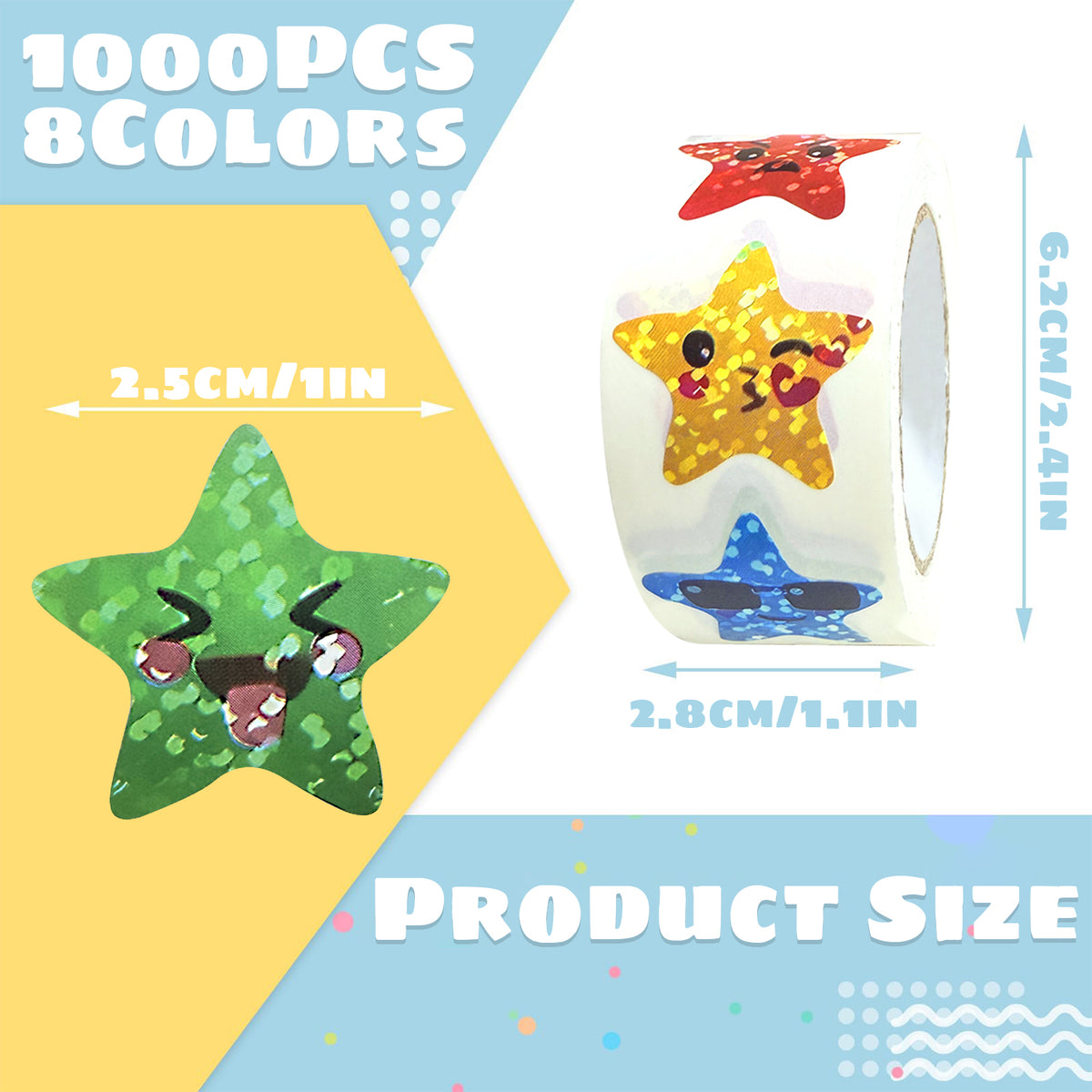 2 Rolls 1000 Pcs Star Expression Stickers for Reward, 1 inch 10 Colors Sparkly Foil Holographic Face Stickers, for Crafts Teacher Essential Supplies