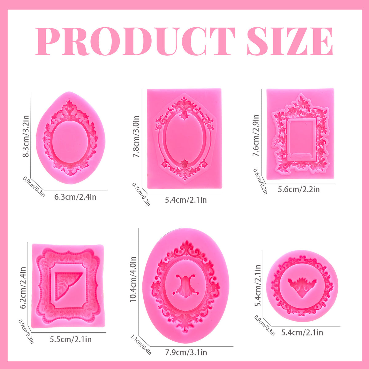 6 Pcs Pink Baroque Photo Frame Silicone Molds, Mini Frame and Corner Molds for Polymer Clay, Chocolate, Cupcake Topper, Cake DIY Craft Decoration