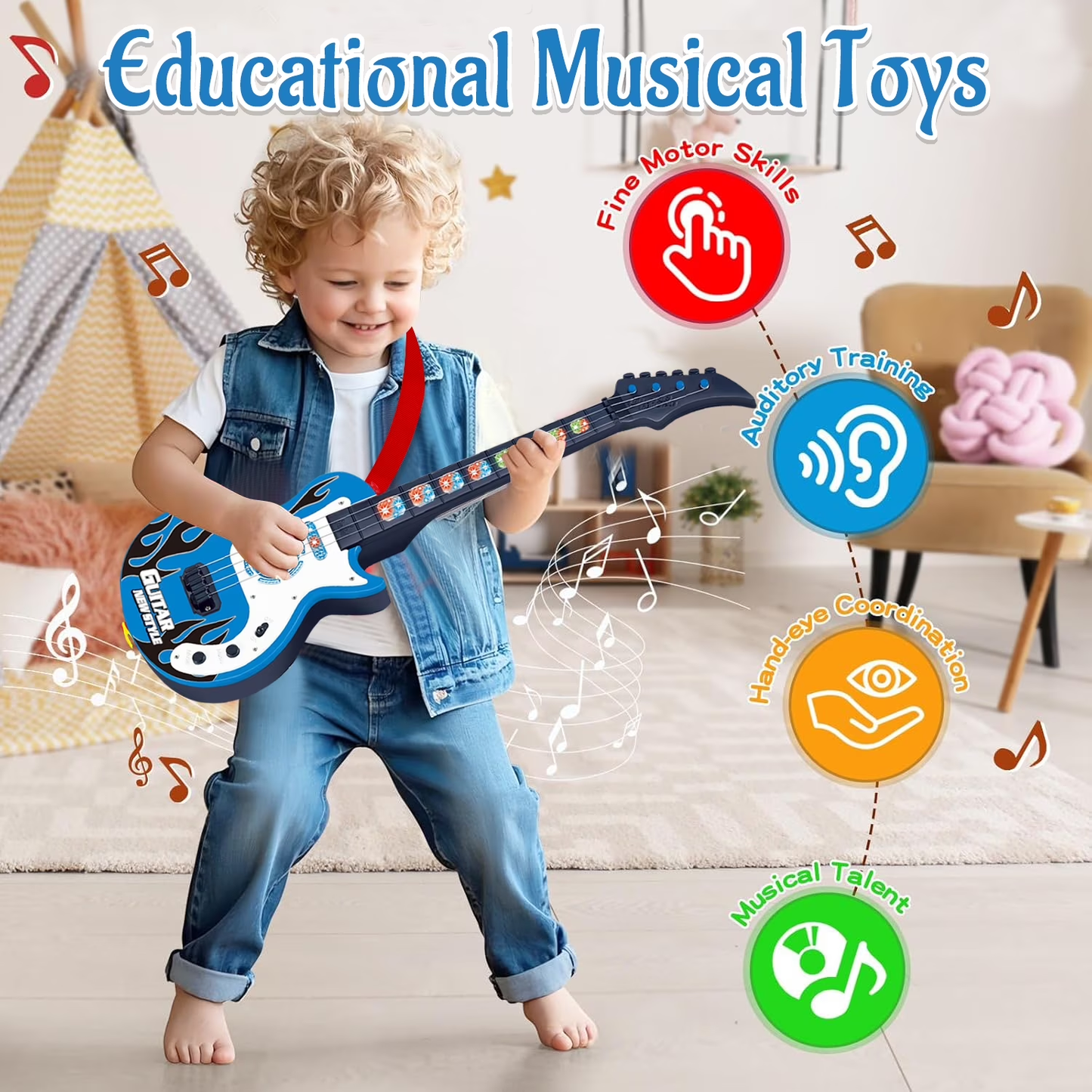 Instrument Guitar Toys for Boys 3-5,Guitar Toys with Music&Lights for Toddler Boys Aged 3 4 5 Years Old Birthday Gifts(Blue)
