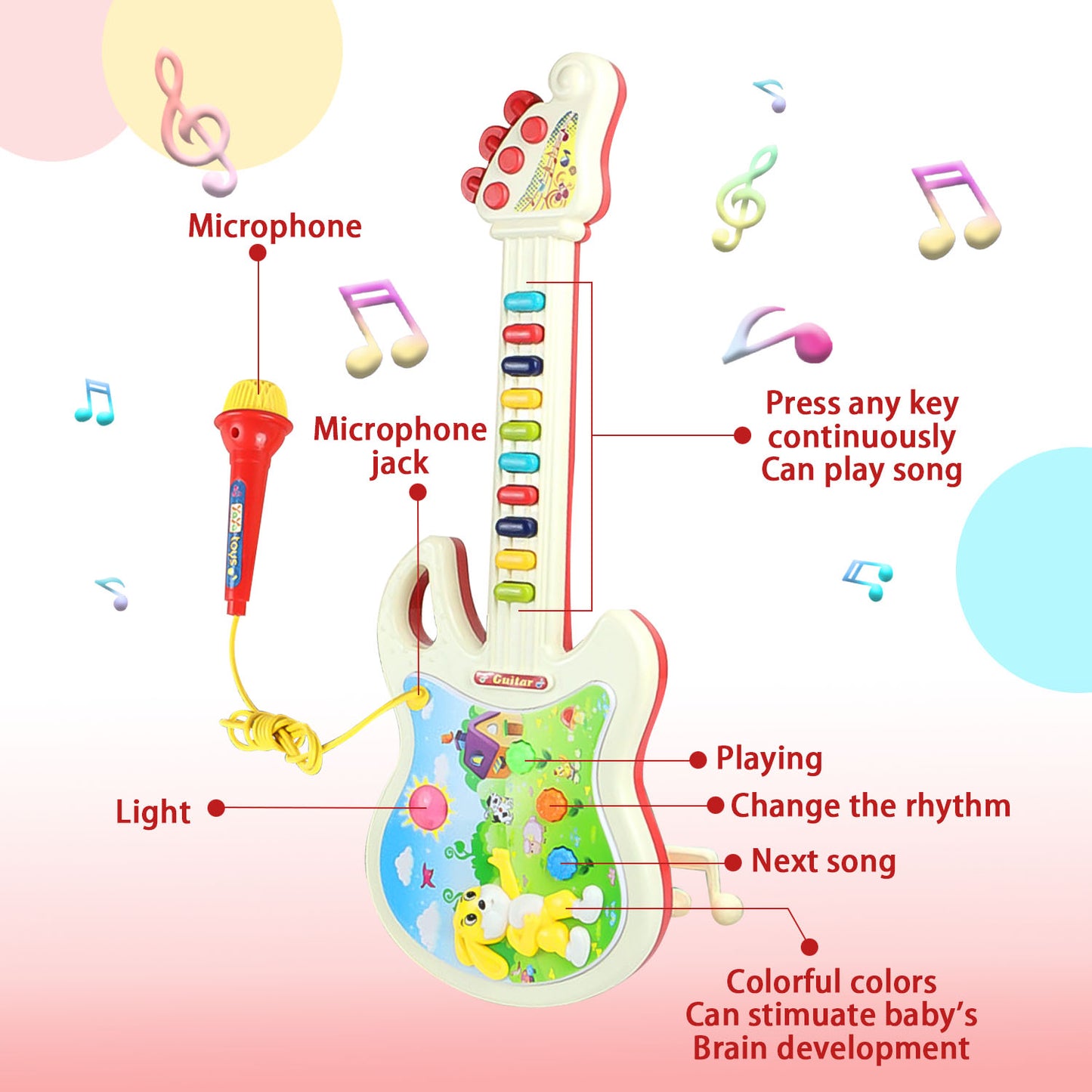 Style-Carry Toddler Guitar and Microphone Toys, Pretend Play Musical Instruments Educational Toys for Age 2 3 4 5 6 Girls Boys, Light and Sound Gifts