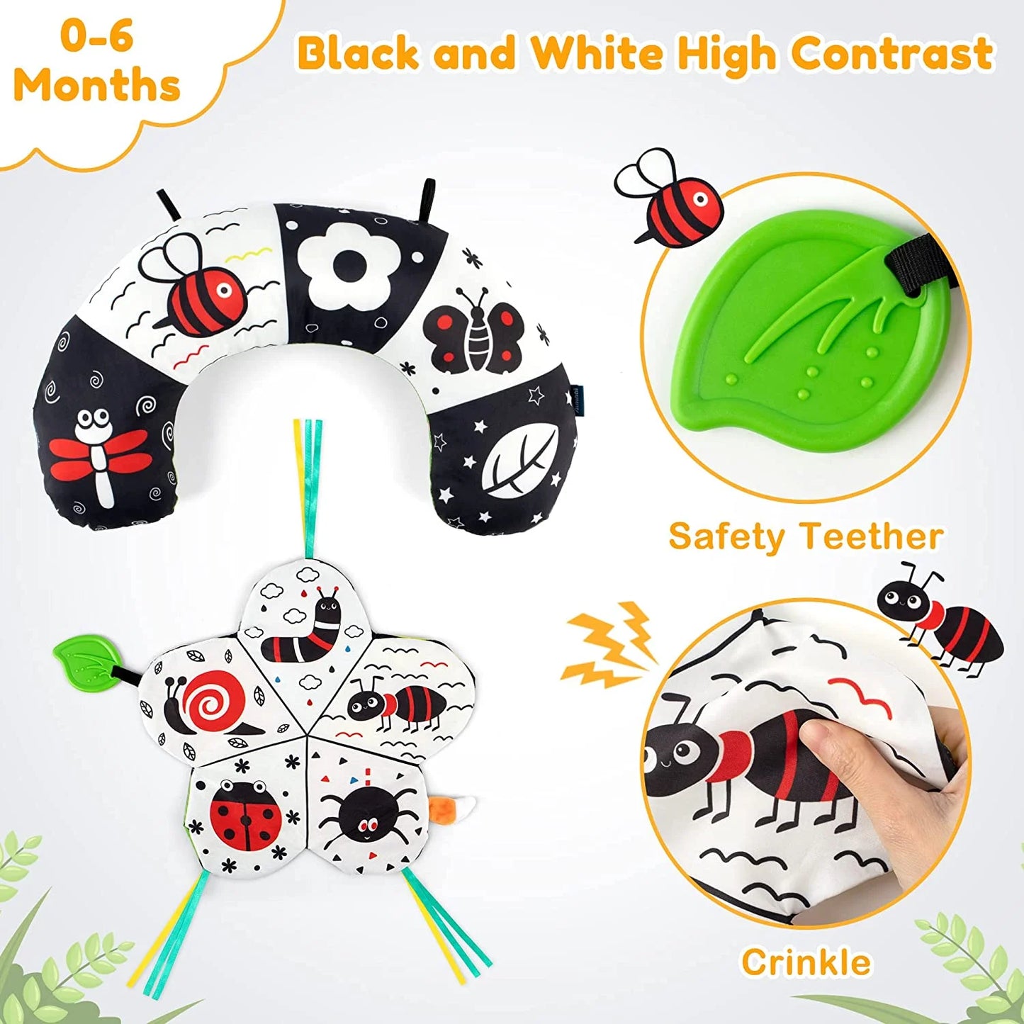 Style-Carry Baby Toys 0-6 Months, Tummy Play Time Pillow with Crinkle Mat & Teethers, Black and White High Contrast Baby Toys with Mirror, Montessori Sensory Crawling Toy for Infant Newborn Toddler