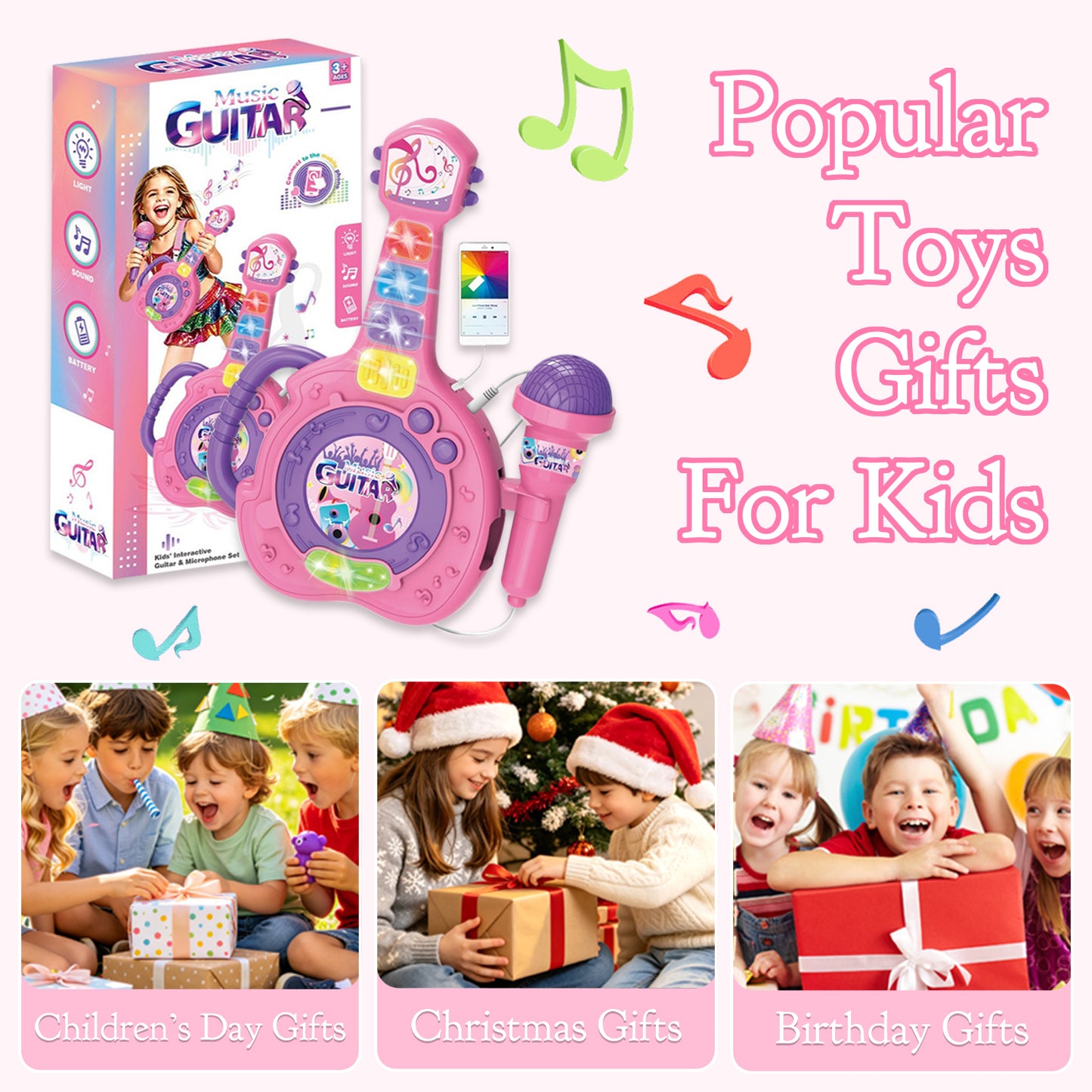 Toys for 1 2 3 Year Old Boys Girls, Musical Guitar Toys with Microphone, Toddler Toys 1-3 for Girls Boys, Birthday Gifts Early Learning Toys for 2 3 4 5 Year Old Girls
