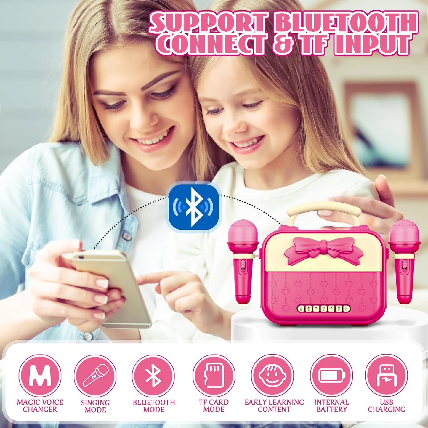 Kids Microphone Toys for Girls 3-6 Years, Karaoke Machine for Kids Girls Toys Ages 4-6, Musical Toys for Girls 3 4 5 6 Year Old, (Pink)