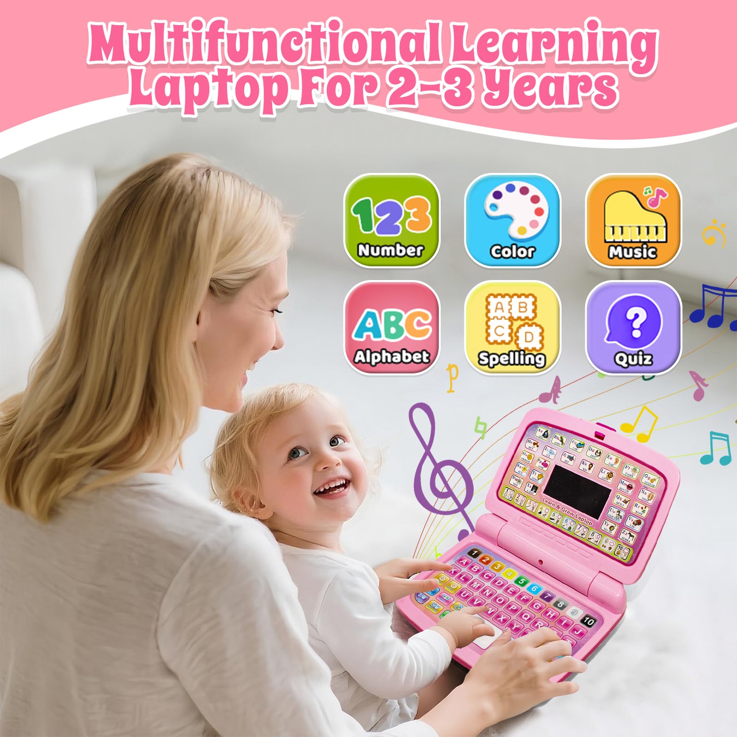 Learning Toys for Toddlers 1 2 3 Year Old Boys Girls, Interactive Educational Laptop Toys with Music and Lights, Toddler Toys for Girls 2 3 4 5 Years Old, Birthday Gifts Toddler Toys 1-3 for Girls