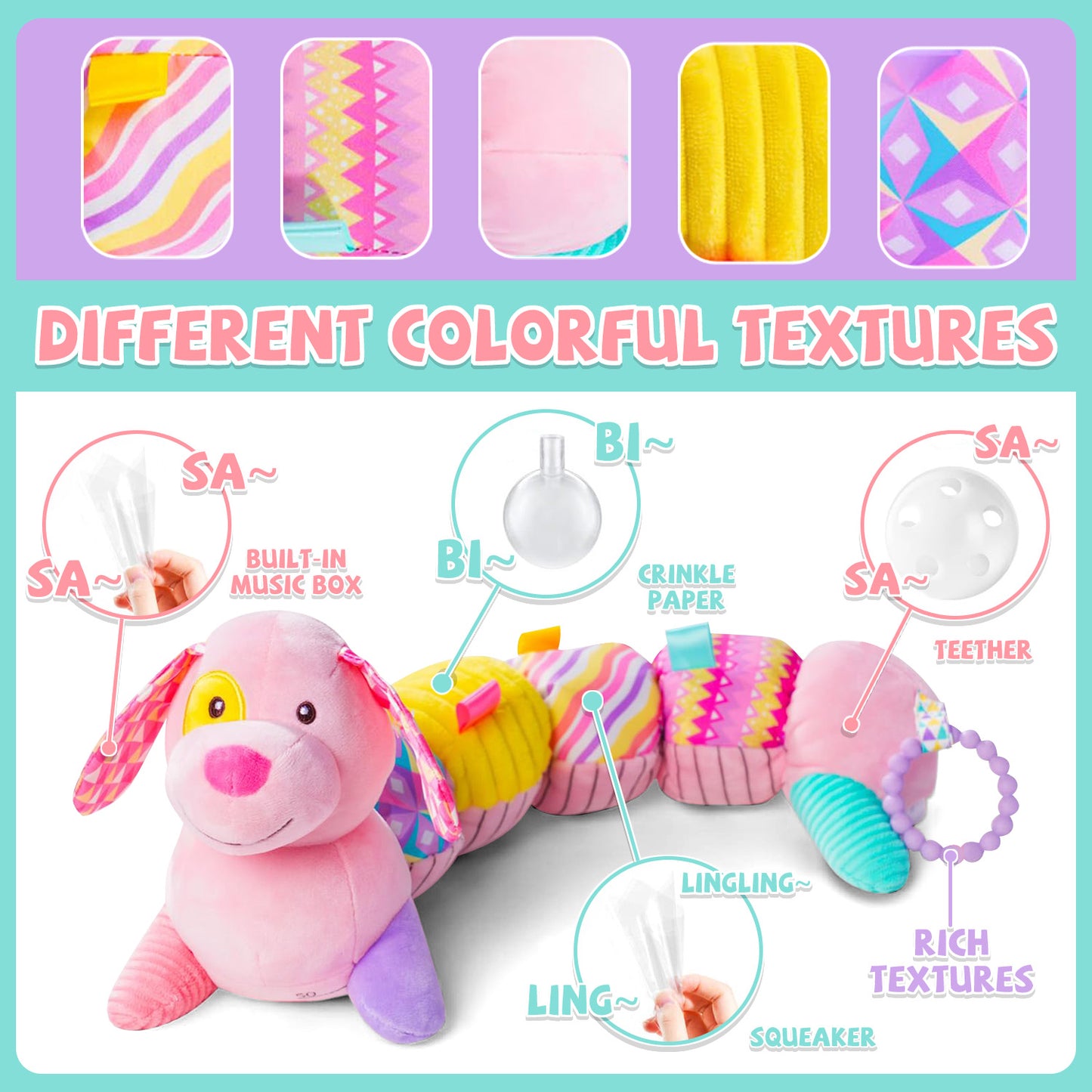 Baby Musical Stuffed Animal Toys 0-12 Months, Pink Puppy With Multi-Sensory Crinkle, Baby Newborn Toys for 0-2-4-6 Months Boys Girls, Plush Infant Sensory Toys Gift